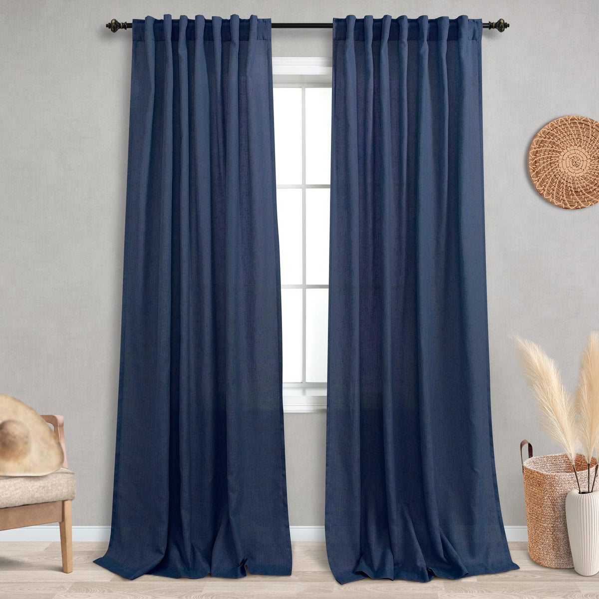 Koufall Navy Blue Back Tab Rod Pocket Linen Sheer Curtains For Living Room 52X90 Inches Long