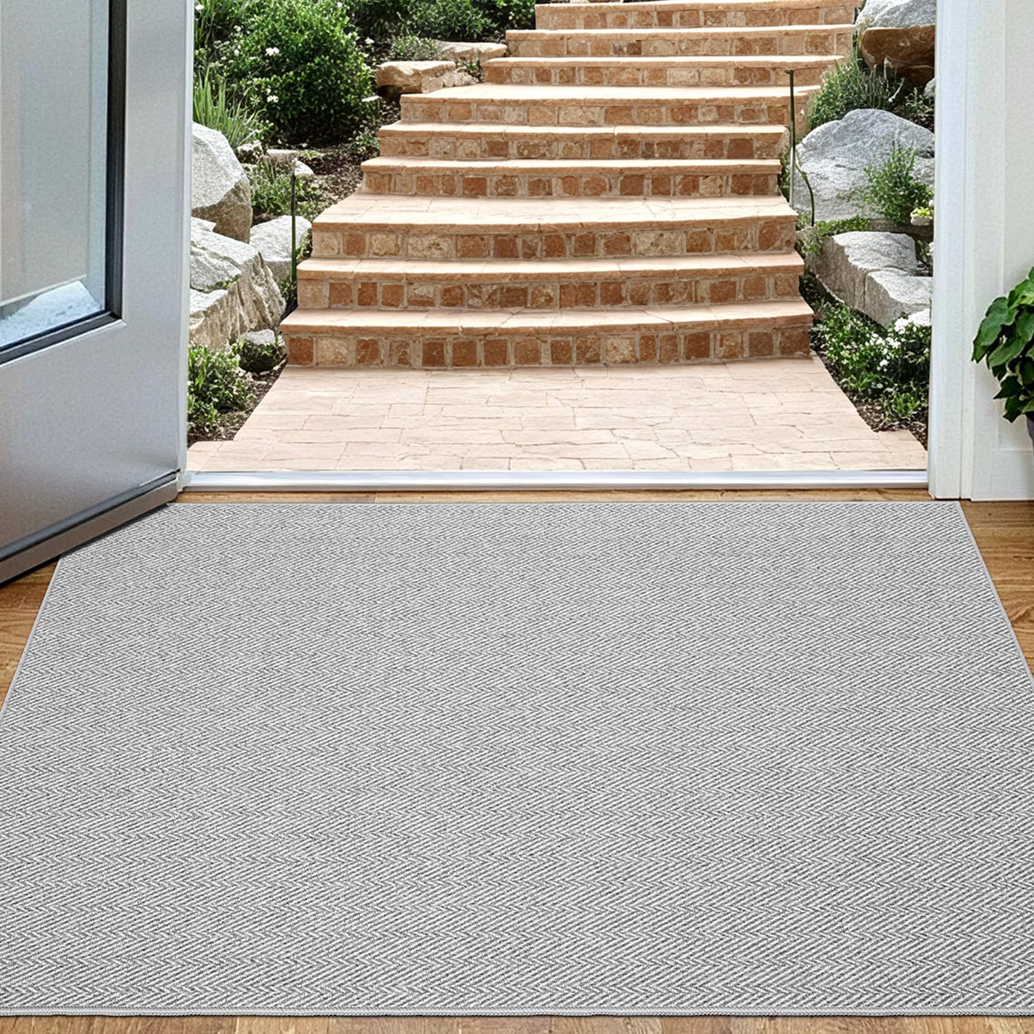 Lumi Ultra Thin Indoor Door Mat For Entrance 48'X72', Non Slip Entryway Mat, Low Profile Doormat, Unique Herringbone Design Ca