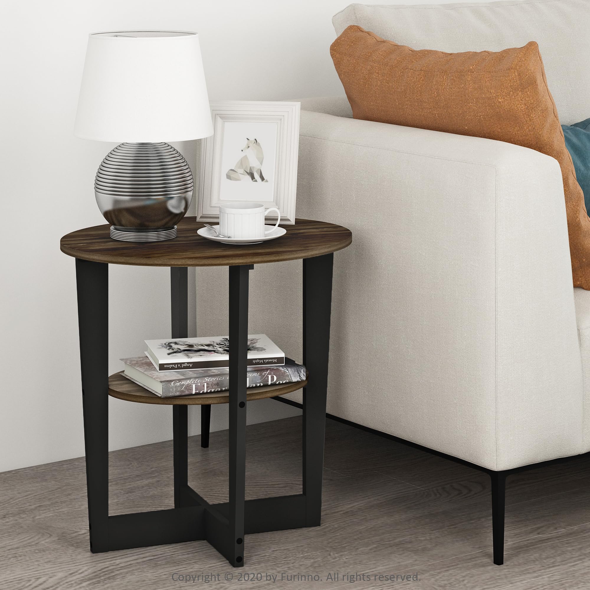 Furinno JAYA Oval End Side Night Stand/Bedside Table, 2-Pack, Columbia Walnut/Black