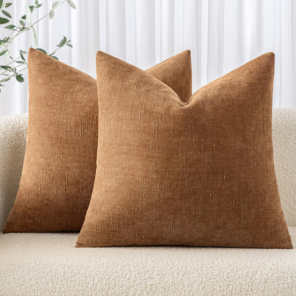 Miulee Pack Of 2 Decorative Throw Pillow Covers Soft Chenille Throw Pillows Solid Neutral Farmhouse Textured Cushion Covers For Couch Sofa Bedroom Living Room 18X18 Inch, Brown