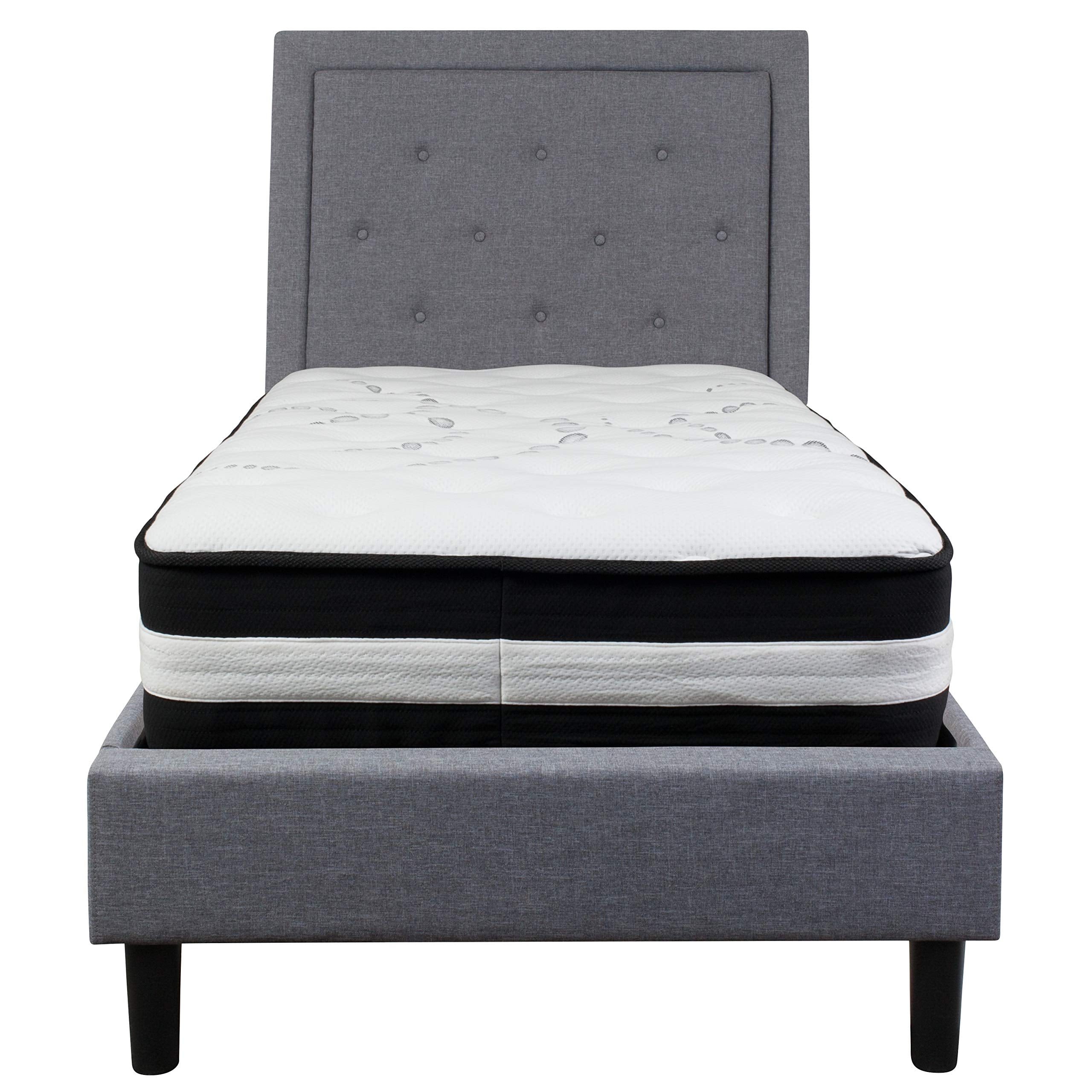 Flash Furniture Roxbury Twin Size Tufted Upholstered Platform Bed In Light Gray Fabric With Pocket Spring Mattress