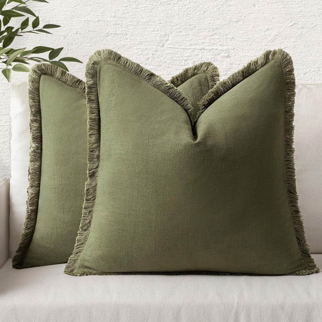 Miulee Decorative Throw Pillow Covers Neutral Linen Fringe Throw Pillows Euro Shams Set Of 2 Olive Green Boho Farmhouse Cushion Covers For Couch Sofa Bed Living Room Spring Home Decor 26X26 Inch