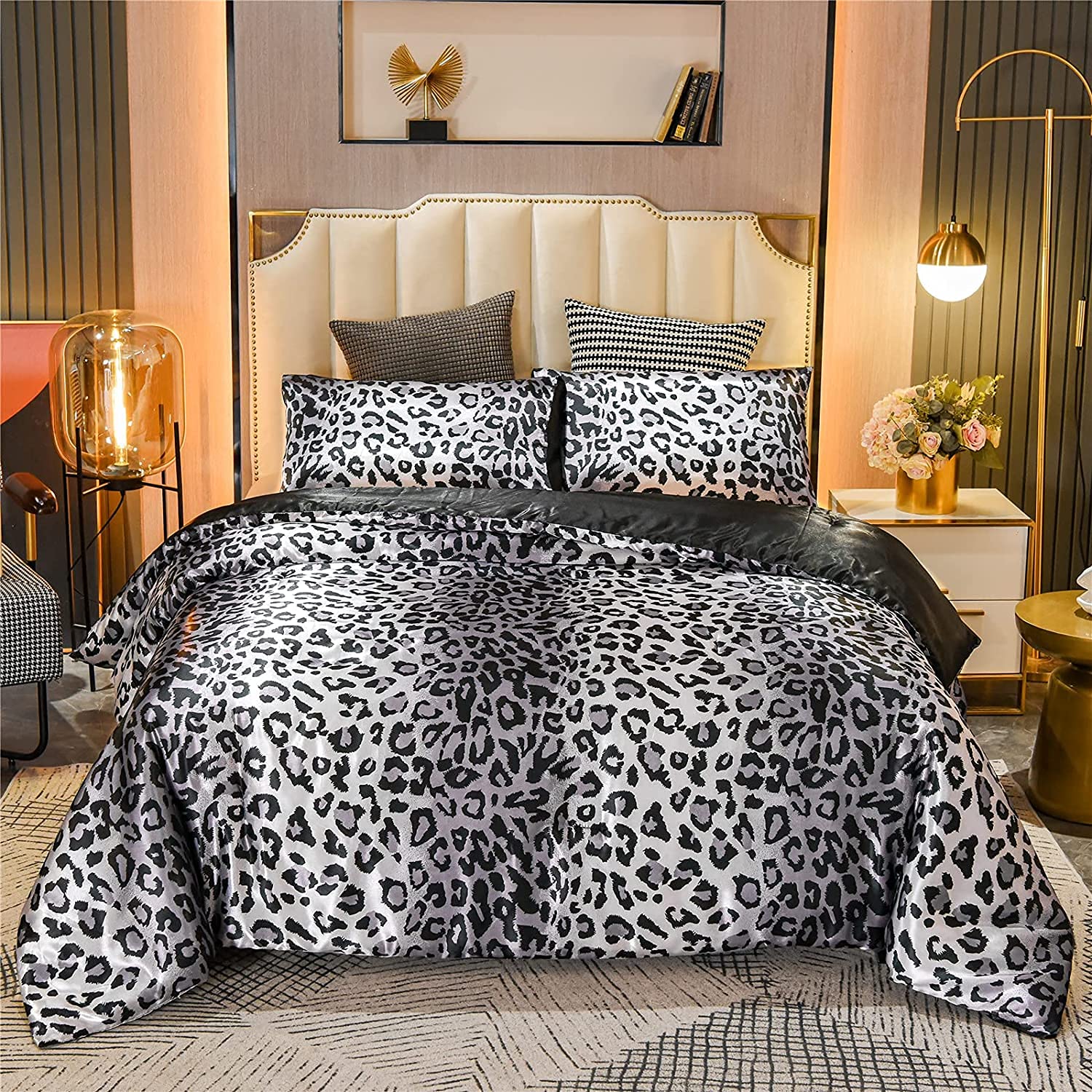 A Nice Night Leopard Printed,Silver Grey Satin Silky Soft Quilt Sexy Luxury Super Soft Microfiber Comforter Quilt Bedding 5Pcs C