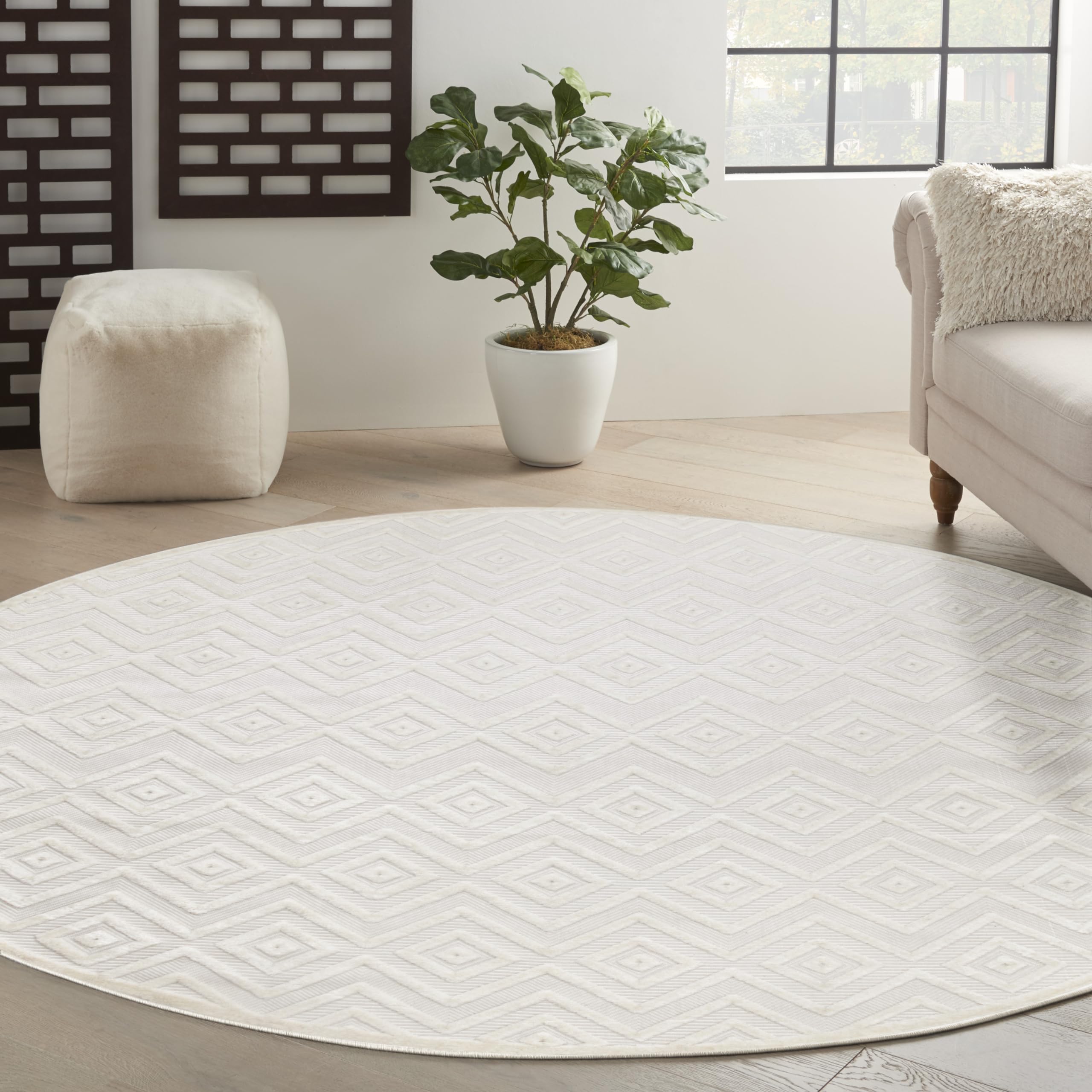 Nourison Versatile Indoor/Outdoor Ivory White 8' X Round Area Rug, Easy Cleaning, Non Shedding, Bed Room, Living Room, Dining Ro
