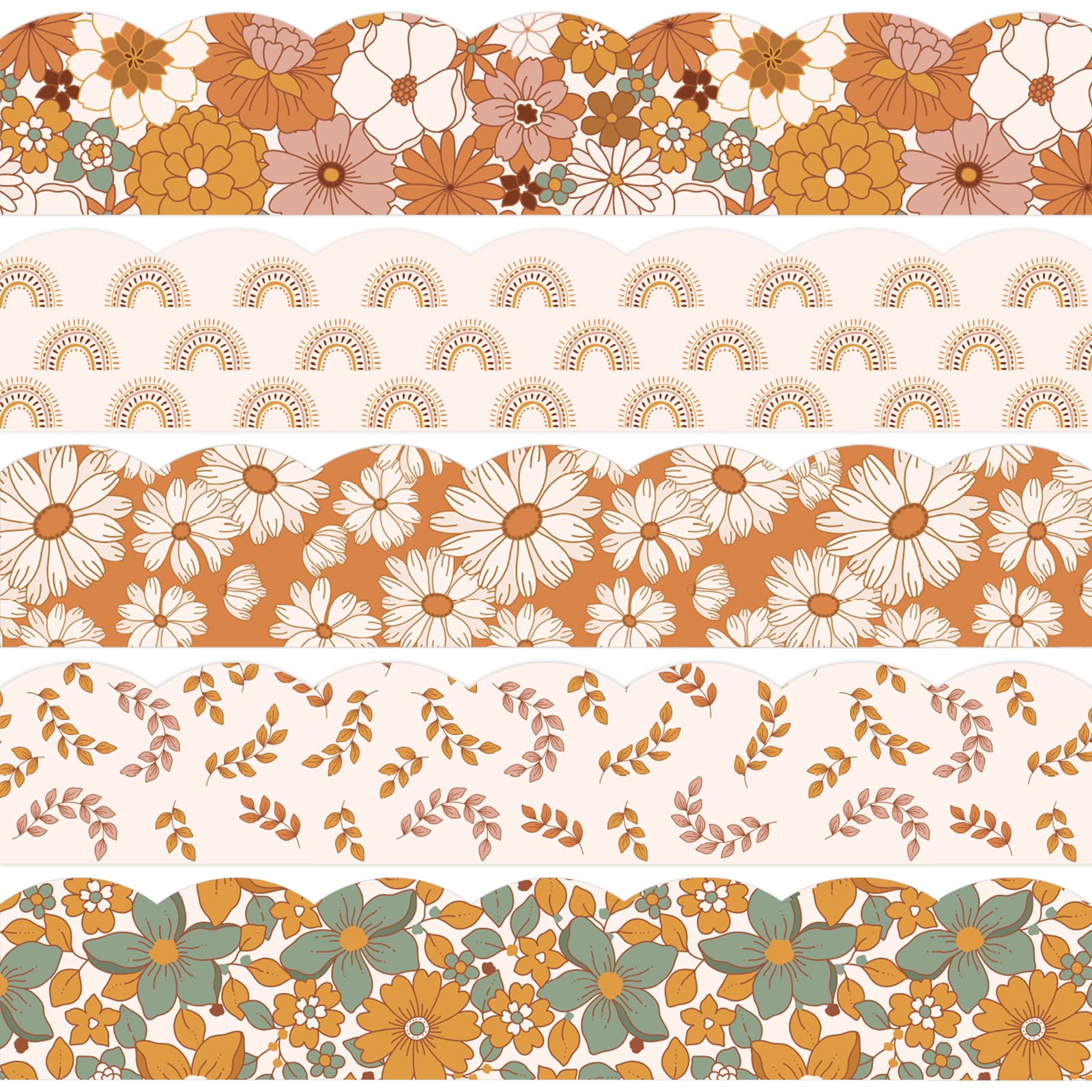 Whaline 69Ft Boho Floral Bulletin Board Borders 5 Designs 60Pcs Retro Flower Rainbow Bulletin Board Stickers Colorful Trim Borde