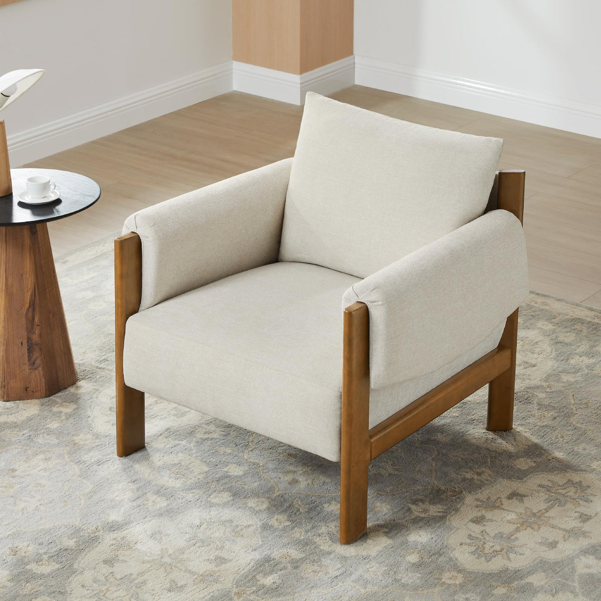 Chita Accent Chair, Mid Century Modern Fabric Upholstery Armchair For Living Room, Solid Wood Frame, Fabric In Linen