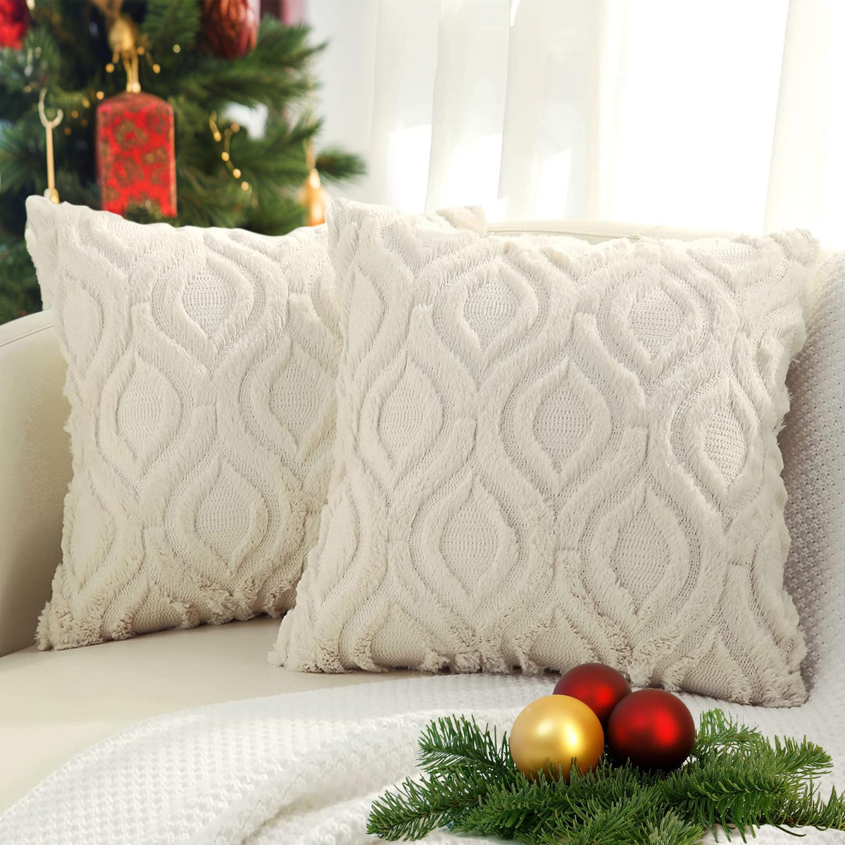 Decoruhome Christmas Decorative Throw Pillow Covers 26X26, Soft Plush Faux Wool Couch Pillow Covers For Home, Set Of 2, Beige