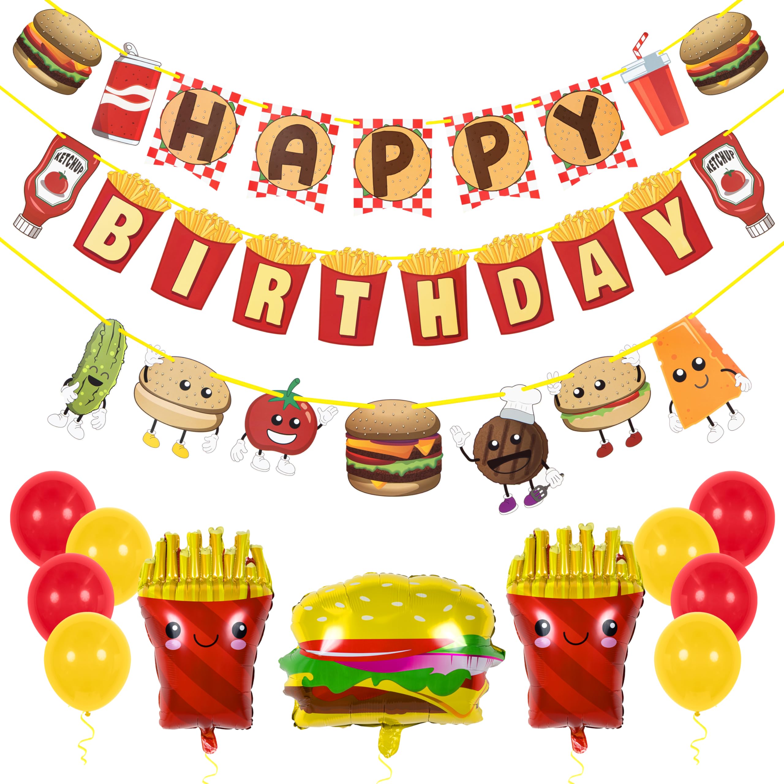 Pirese Burger Birthday Party Decorations - Pre-Strung Happy Birthday Banner Kit with Burger & Fries Balloons - Picnic, Cookout, 