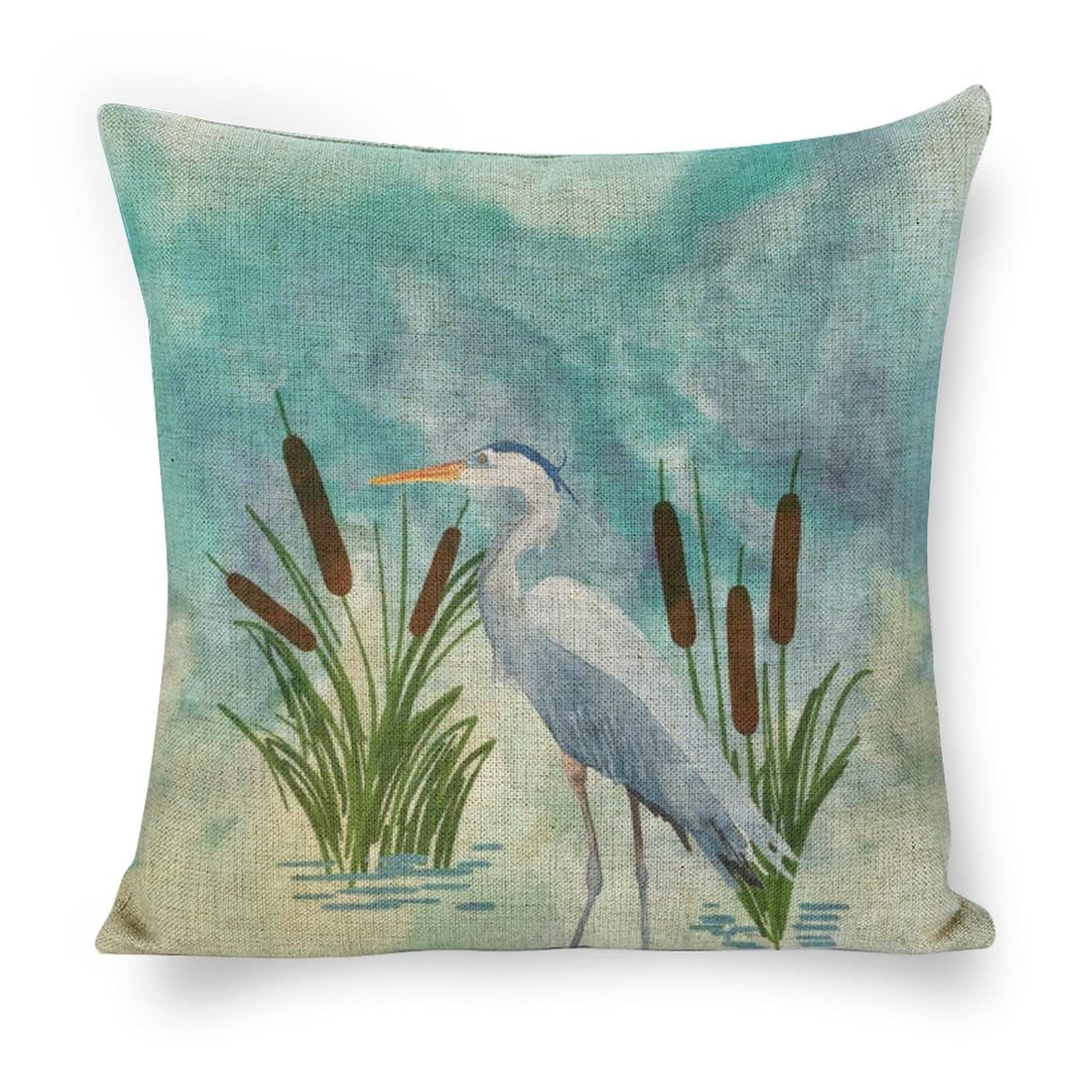 Decorative Throw Pillow Covers 18X18 Watercolor Blue Heron Square Linen Pillowcases Cushion Case For Couch Sofa