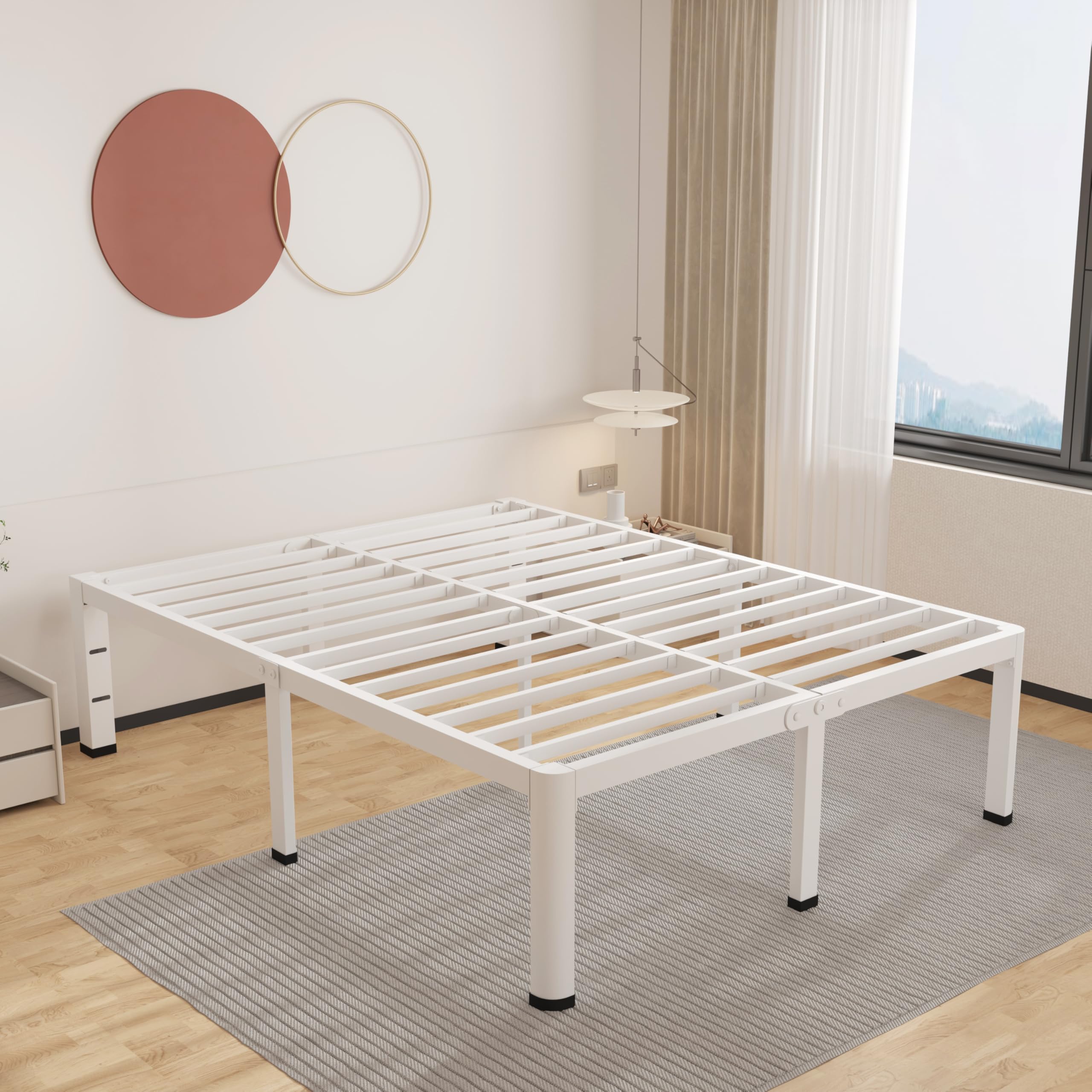 ROIL 14 Inch White California King Bed Frame with Rounded Corner and Headboard Hole Mattress Retainers, 3500LBS Heavy Duty Steel