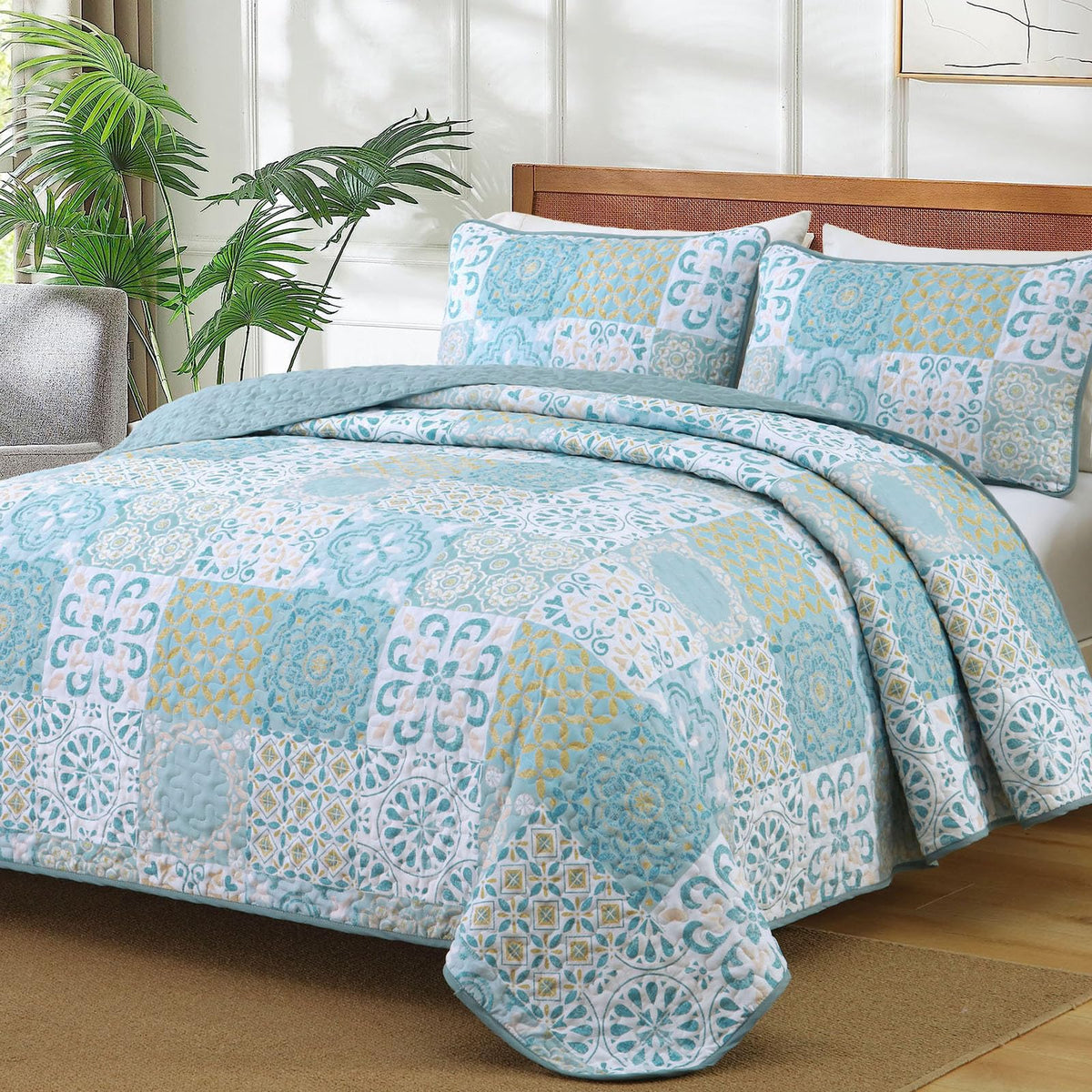 Dobuyly Patchwork Quilt Set Queen Size, Aqua Blue Boho Summer Bedspreads Coverlet Set, 3 Pieces Soft Lightweight Microfiber Quil