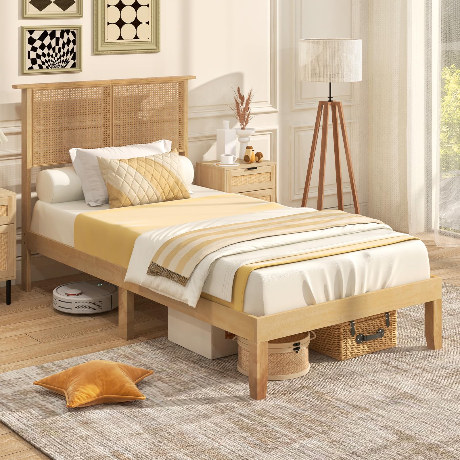 Giantex Queen Size Rattan Bed Frame with Rattan Headboard, Boho Solid Wood Platform Bed with Wooden Slats, 12 Inch Bed Frame Que