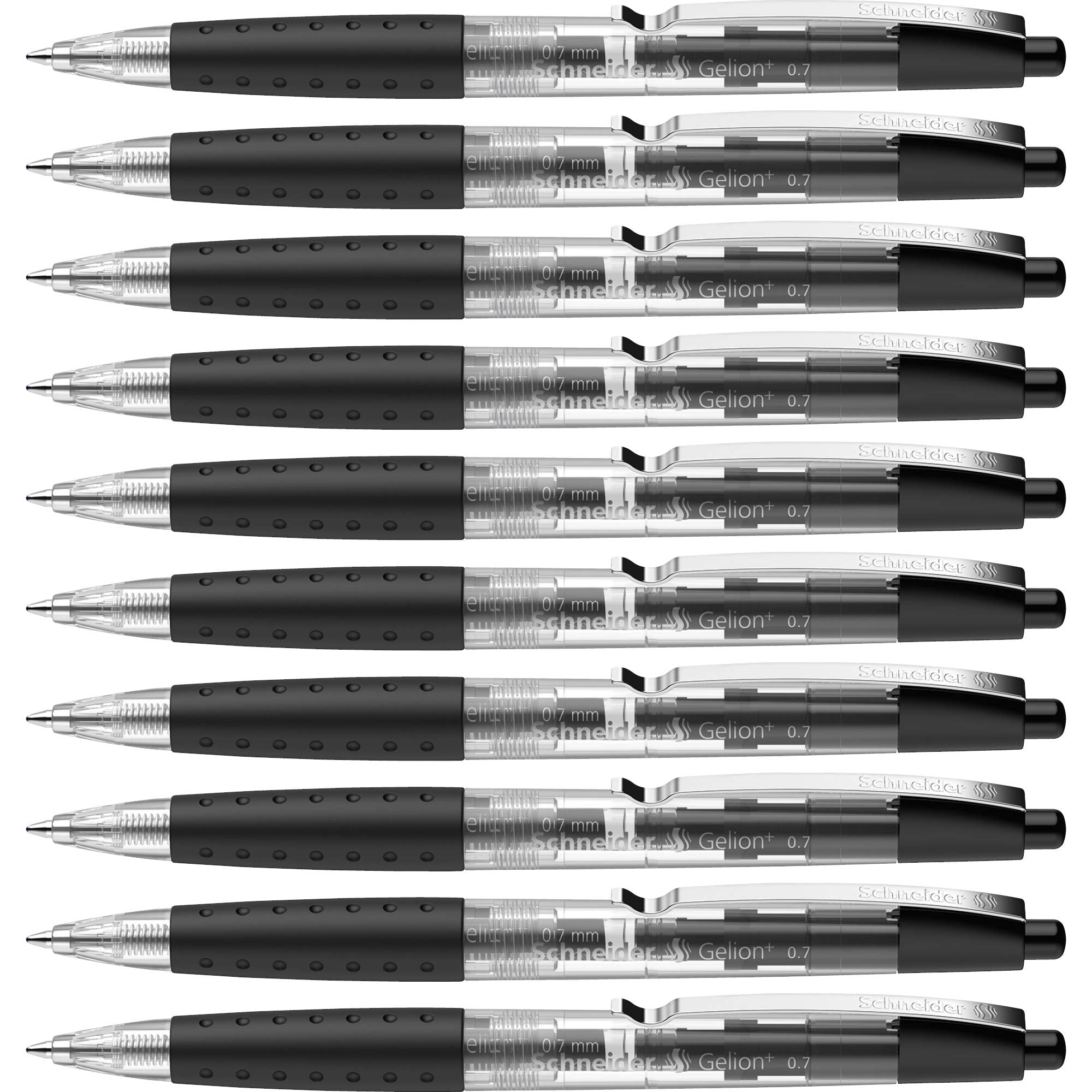 Schneider Gelion+ Gel Pen, Refillable And Retractable, Gel Ink, 0.7 Mm, Transparent Barrel, Black Ink, Box Of 10 Pens (101001)