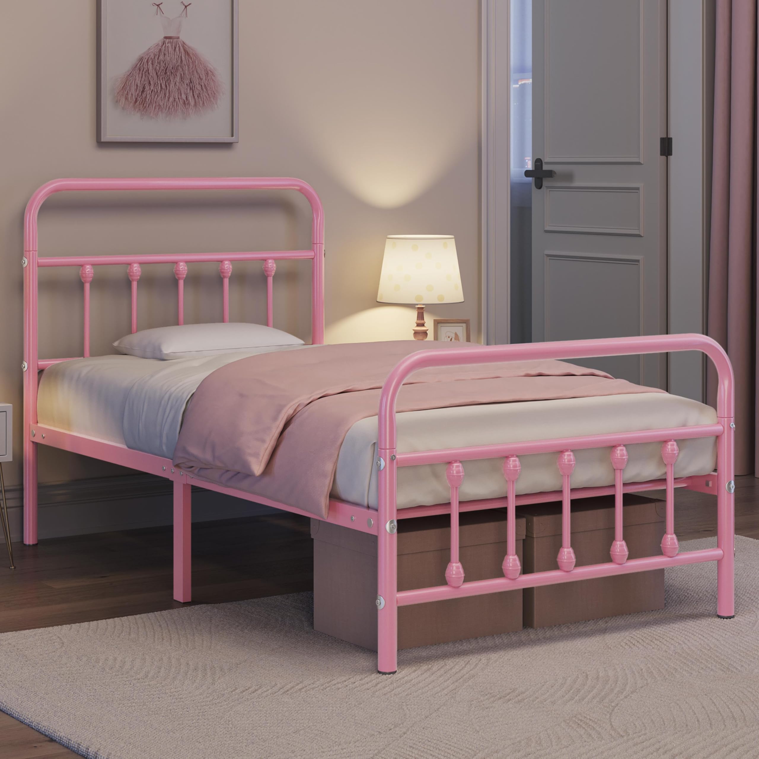 Yaheetech Classic Metal Platform Bed Frame Mattress Foundation With Victorian Style Iron-Art Headboard/Footboard/Under Bed Storage/No Box Spring Needed/Twin Size Pink