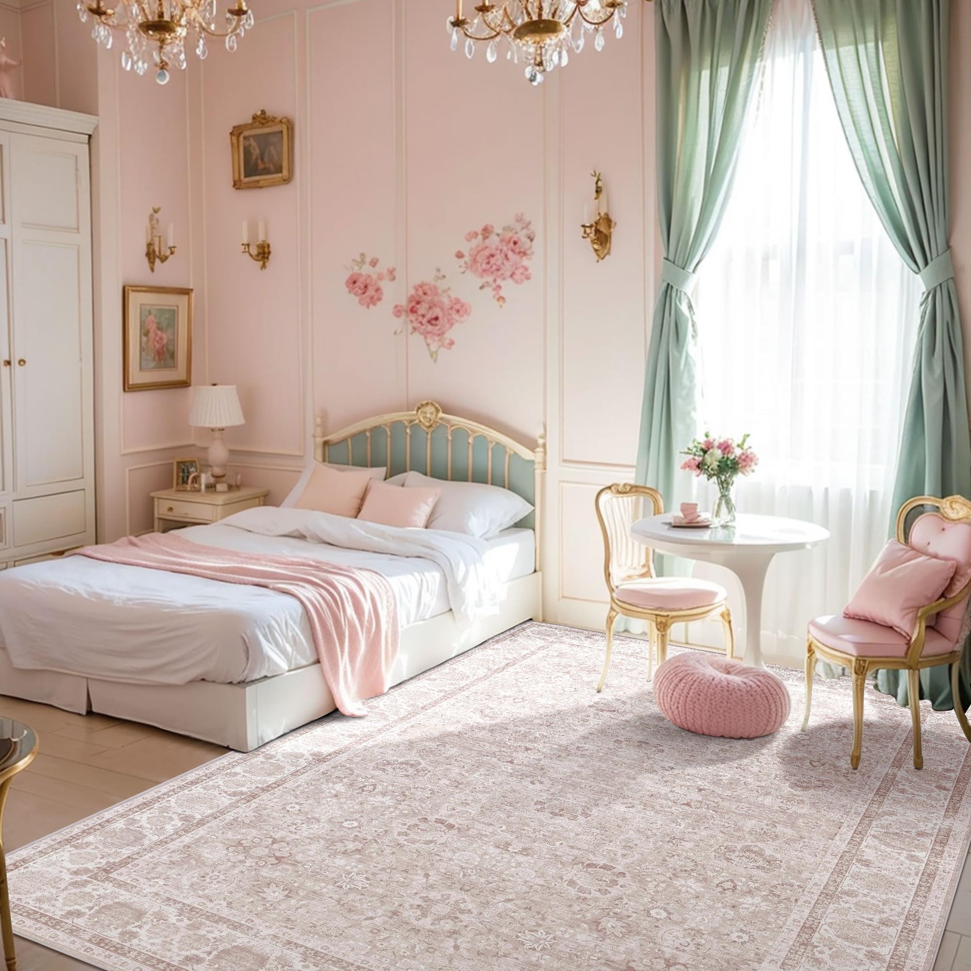 Light Pink 6x9 Rugs for Bedroom Nursery Rug Vintage Aesthetic Cute Boho Floral Washable Area Rug Indoor Carpet for Kids Room Pla