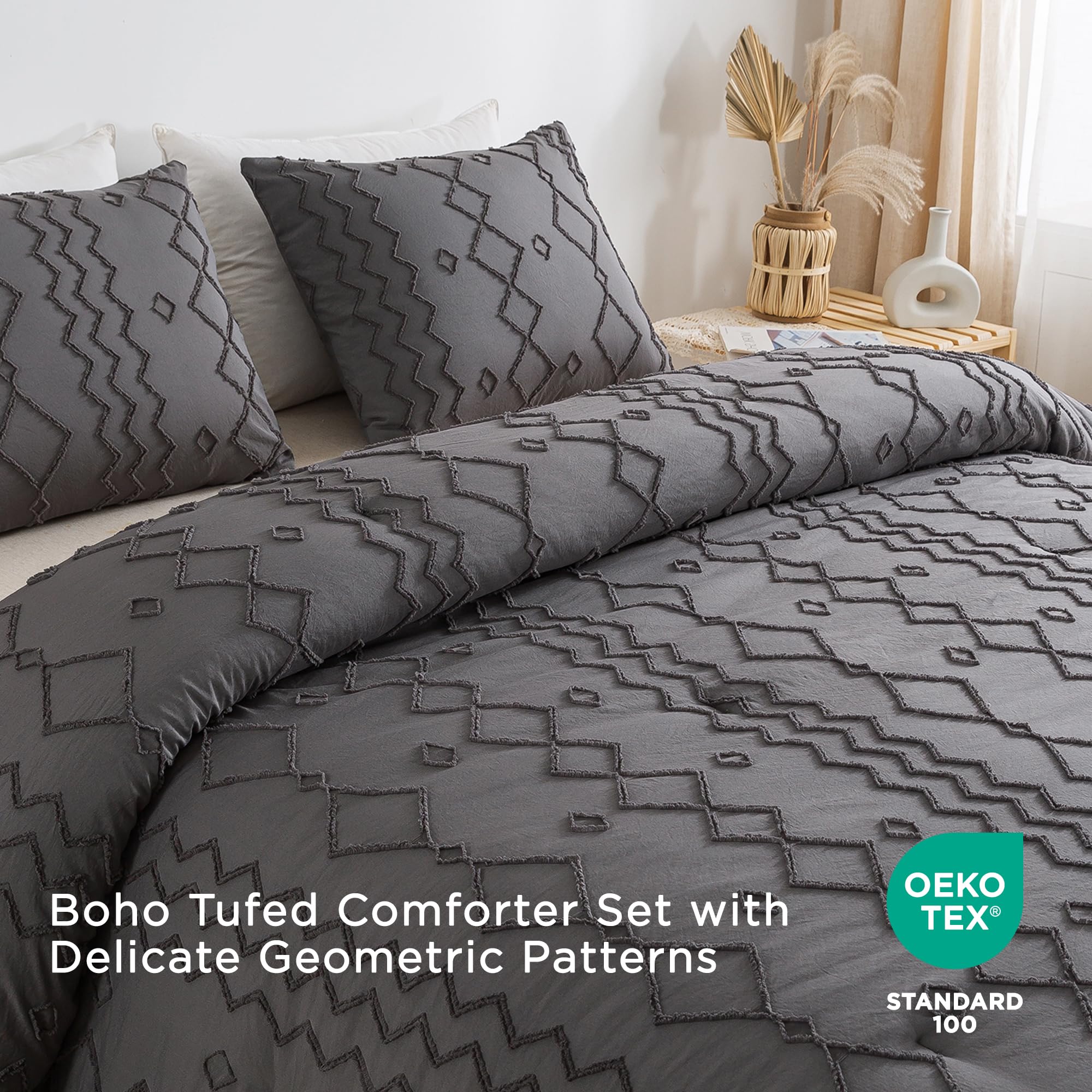 Andency Dark Gray Tufted Comforter Set Full(79X90Inch), 3 Pieces(1 Tufts Comforter, 2 Pillowcases) Boho Textured Farmhouse Comforter, Microfiber Down Alternative Geometric Comforter Bedding Set
