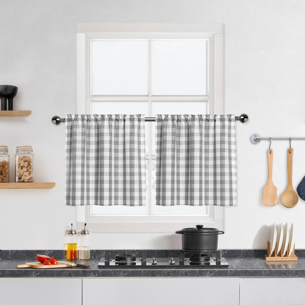 Grey Buffalo Plaid Cafe Curtains Farmhouse Tiers Kitchen Curtains 24 Inches Long, Gingham Check Rod Pocket Half Window Short Cur