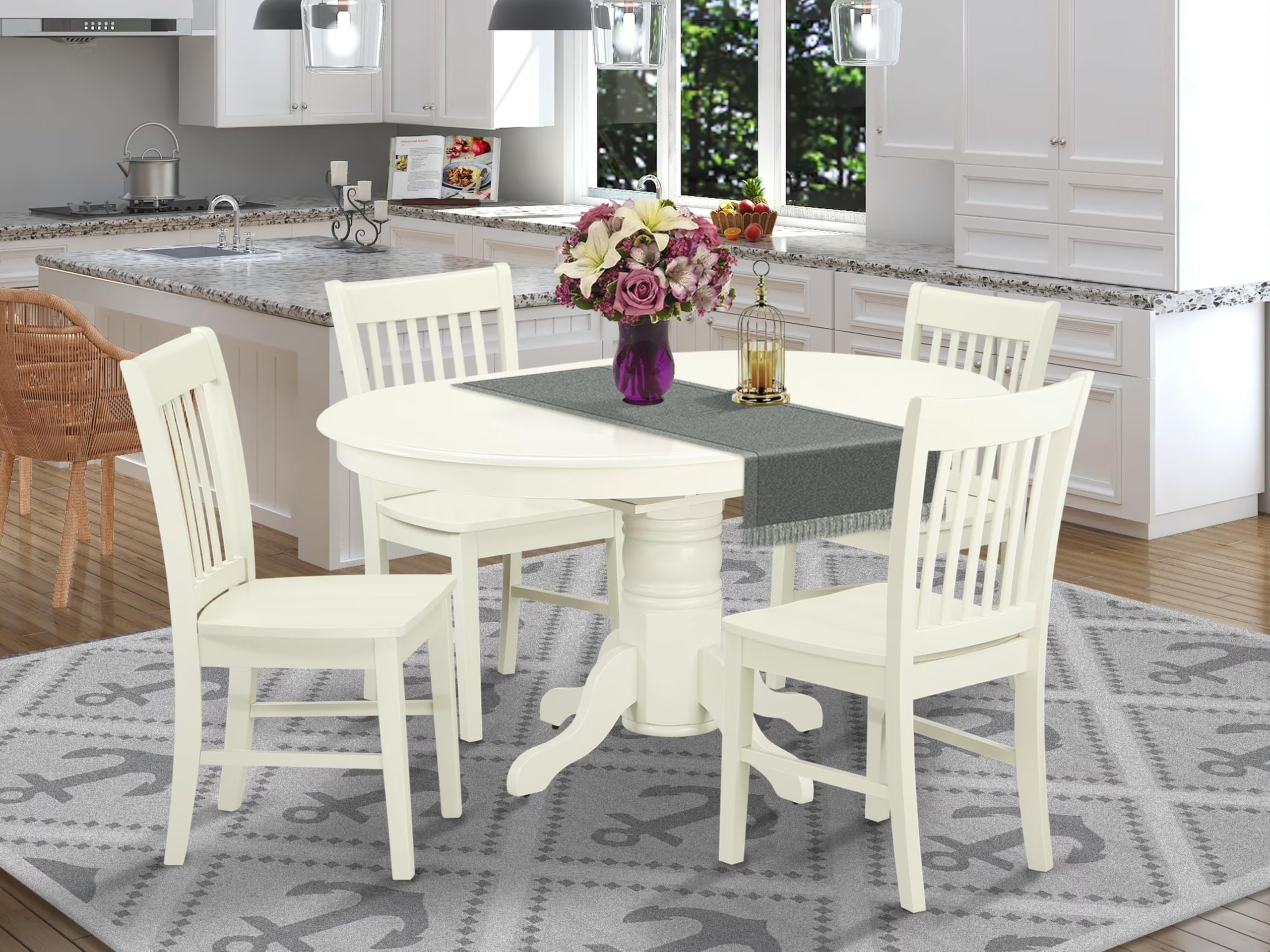 East West Furniture Avno5-Lwh-W Avon 5 Piece Kitchen Set Includes An Oval Room Table With Butterfly Leaf And 4 Dining Chairs, 42X60 Inch, Linen White