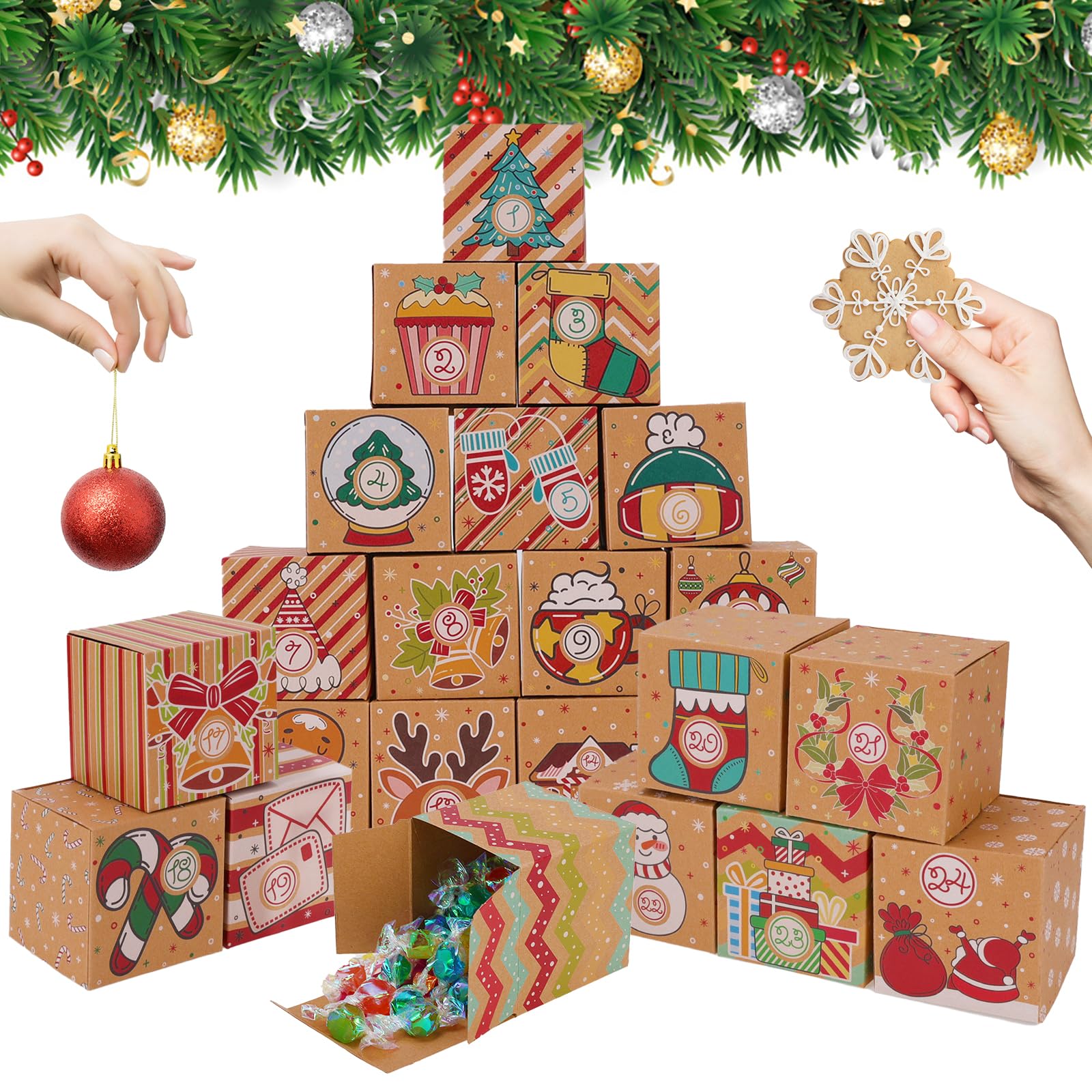 PHOGARY DIY Christmas Advent Calendar Boxes, 24 Days Kraft Paper Advent Gift Boxes Christmas Countdown Calendar Boxes Fillable A