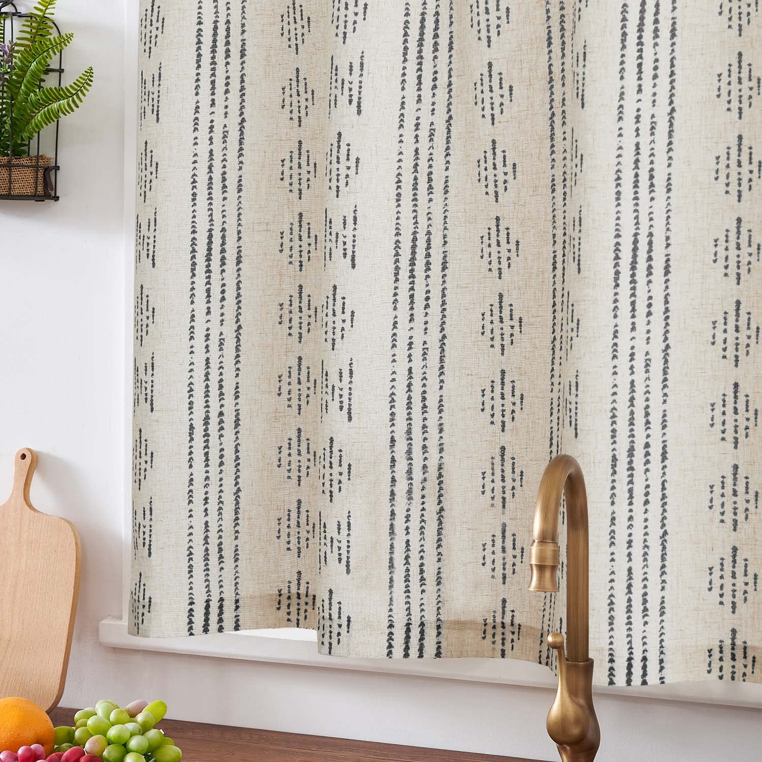 Jinchan Boho Kitchen Curtain Linen Tier Curtain Bohemian Cafe Curtain 24 Inch Geometric Striped Small Window Curtain Light Filtering Farmhouse Country Rustic For Bathroom Rv 1 Panel Black On Beige