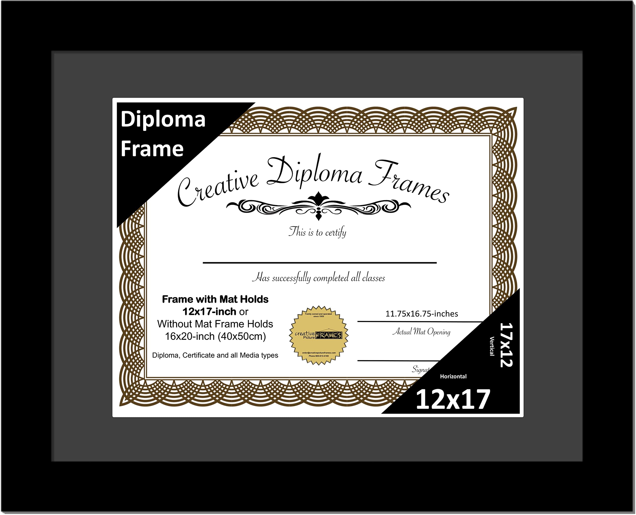 Creative Picture Frames 12x17 Classic Black Diploma Frame with Black Mat Glass Easel and Installed Wall Hangers | Frame Holds 16