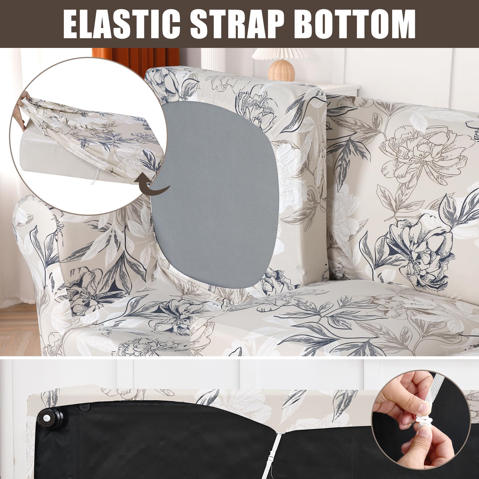 Searchi Stretch Sofa Cover Printed Couch Cover, Floral Pattern 4 Pieces Sofa Slipcover With 3 Separate Cushion Cover, Washable Furniture Protector For Living Room(Sofa, Flower Shadow)