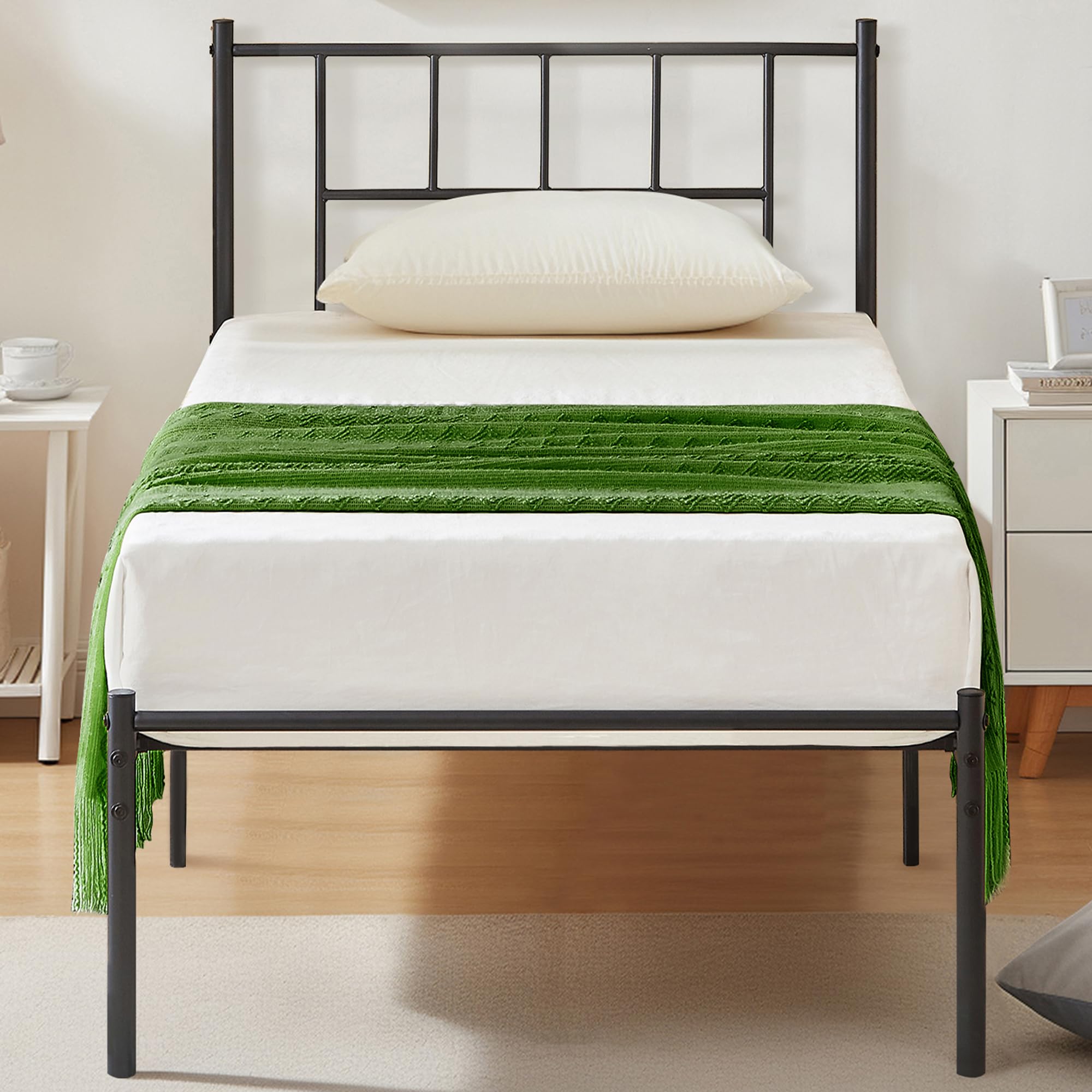 Vecelo Twin Metal Platform Bed Frame With Headboard, Heavy Duty Steel Slat Support, Under Bed Storage,No Box Spring Needed, Easy Assembly