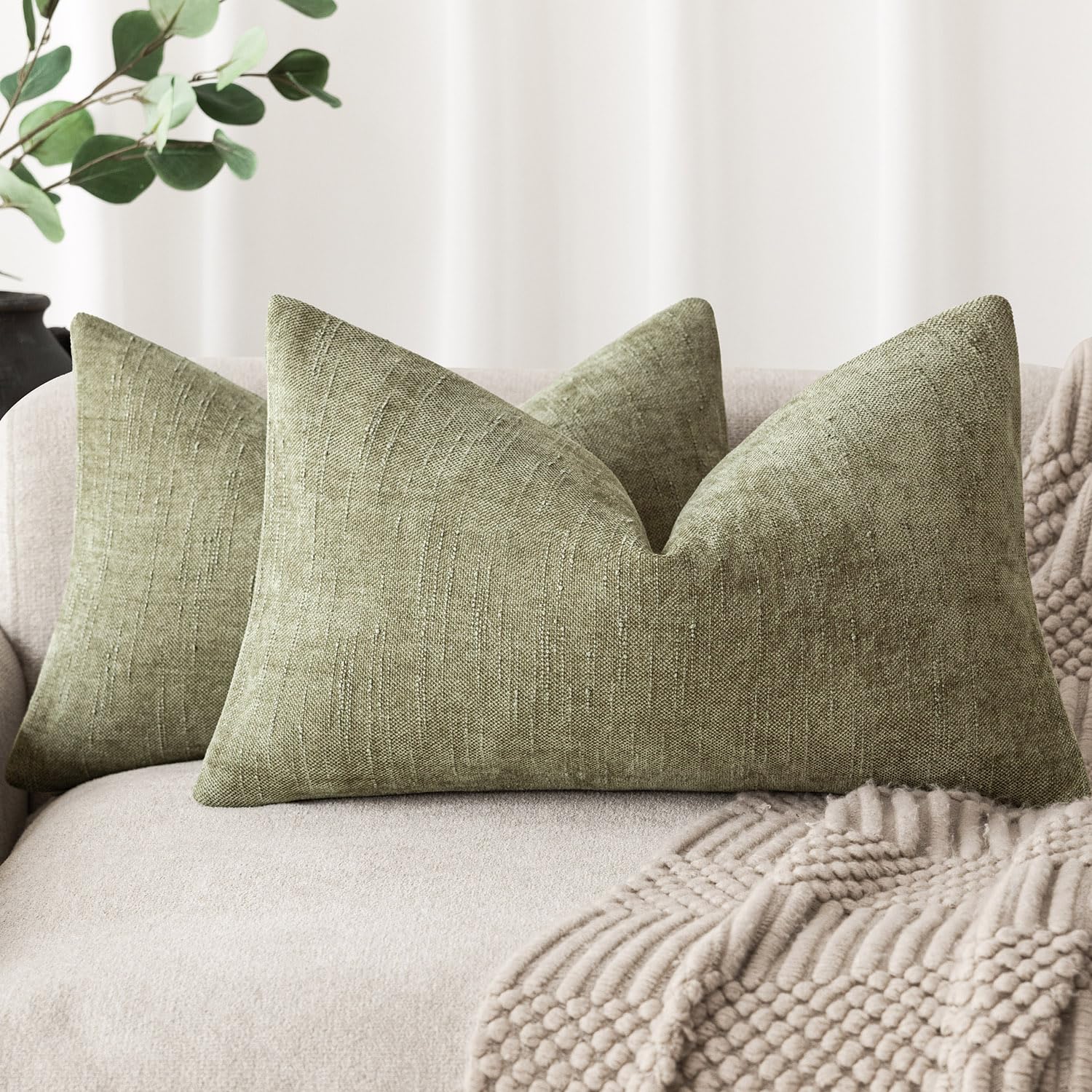 Foindtower Pack Of 2 Textured Chenille Throw Decorative Pillow Covers Square Accent Solid Cushion Cover Neutral Farmhouse Lumbar