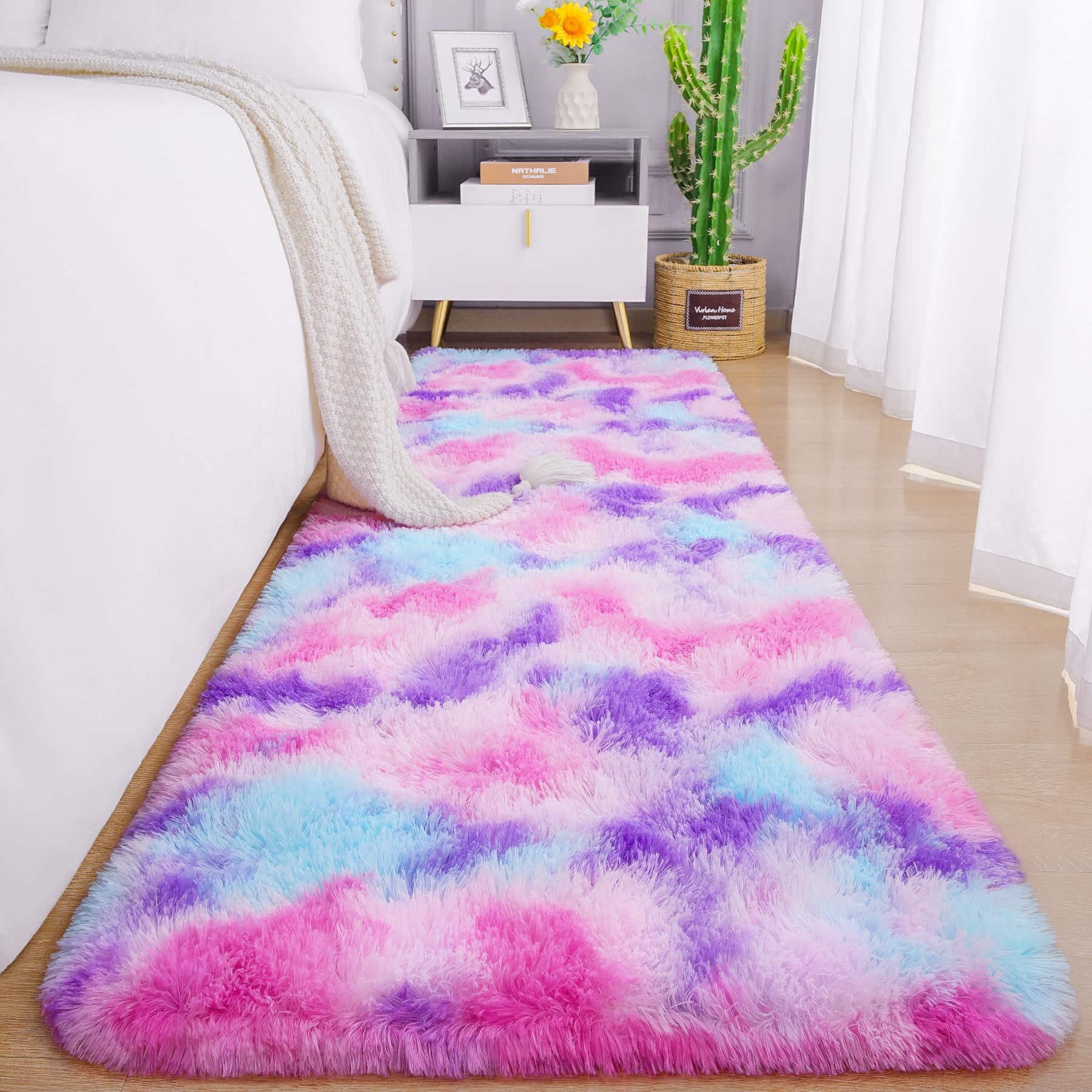 Chicrug Cute Fluffy Area Rug For Girls Bedroom, 2X6 Feet Fluffy Kids Rug For Room Decor, Shag Soft Dorm Playroom Rug, Bedside Ru