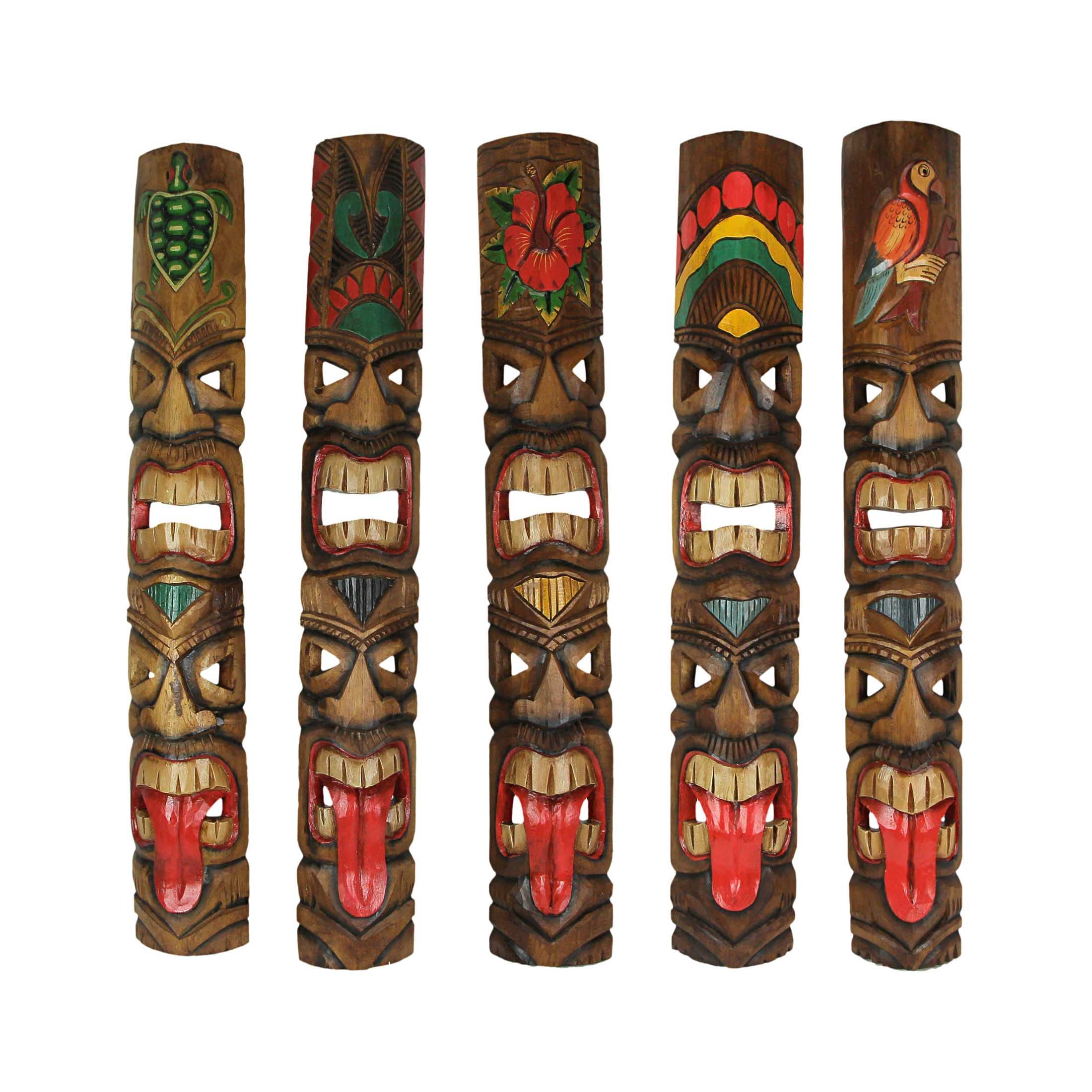 Zeckos Set of 5 Exquisite Hand-Carved Double Tiki Mask Totem Wall Sculptures, 40 Inches Tall, Crafted from Sustainable Wood, Vib