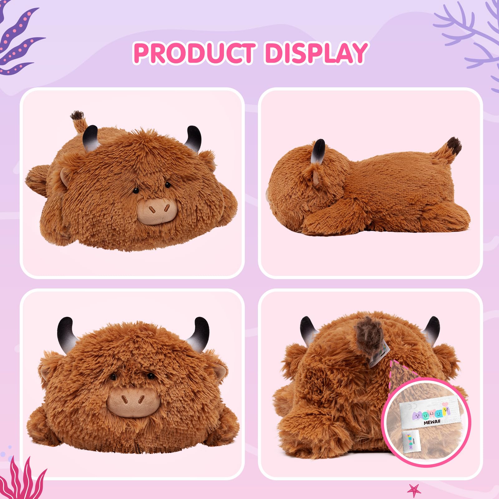 Mewaii Cute Cow Plush Pillow, Kawaii Plushies Highland Cow Stuffed Toys, Squishy Plushies, Cuddle Plush Pillow For Boys & Girls