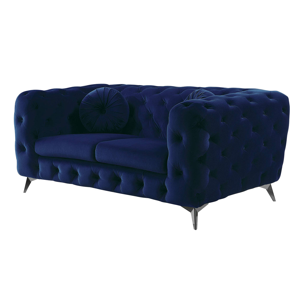 Benjara Fabric Loveseat With Chesterfield Design And Angled Metal Legs, Blue