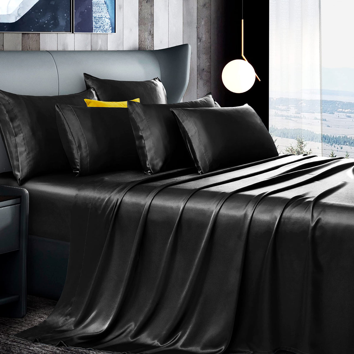 Manyshofu 7Pcs Black Satin Sheets Queen Size Silky Satin Bed Sheets Set, Luxurious & Soft Satin Bedding Set - 1 Satin Fitted She