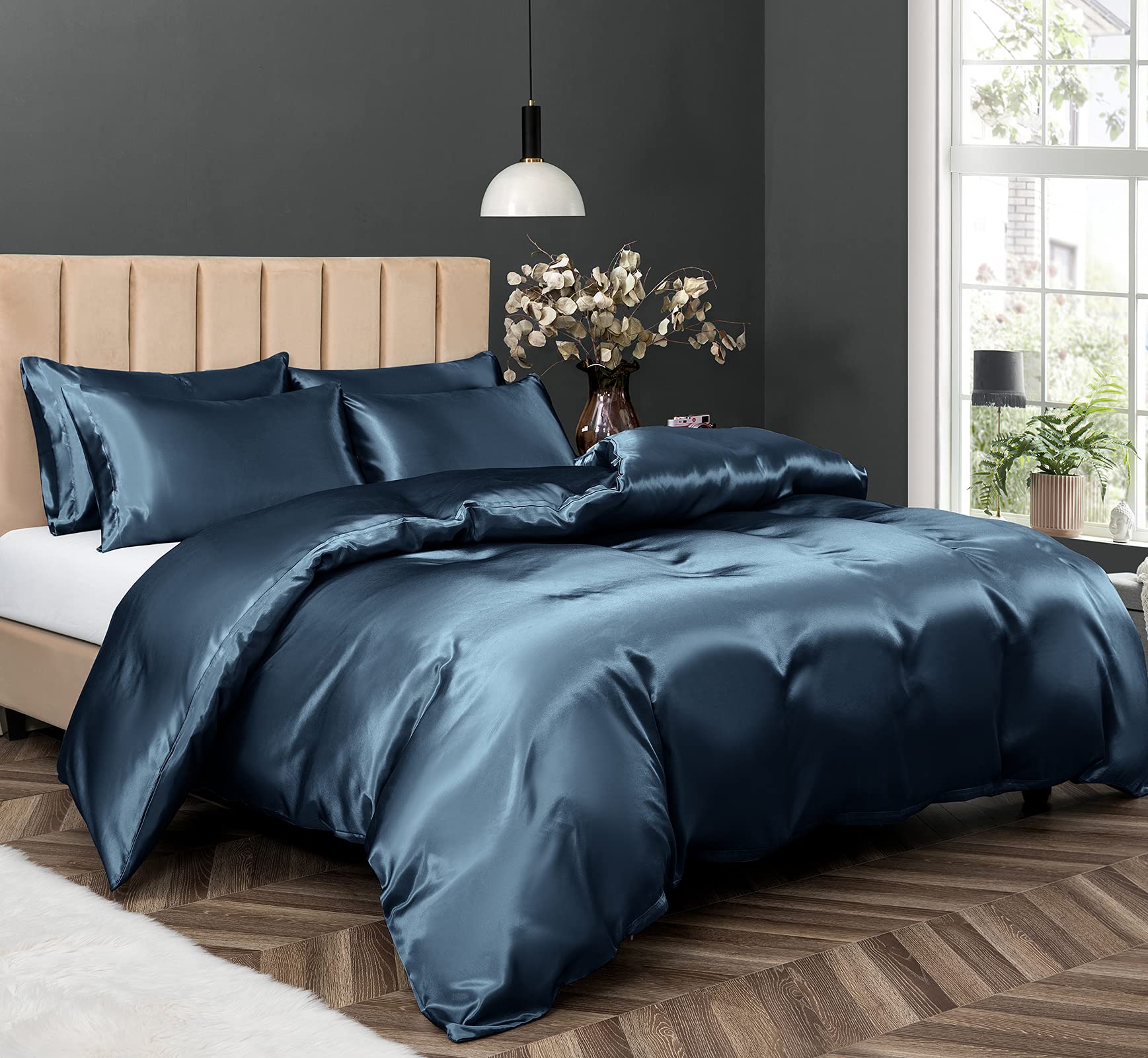 P Pothuiny 5 Pieces Satin Duvet Cover Fullqueen Size Set, Luxury Silky Like Navy Blue Duvet Cover Bedding Set With Zipper Closur