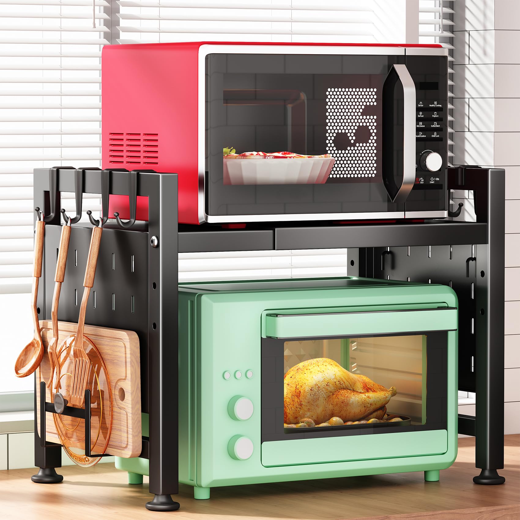 Kitstorack Adjustable Microwave Oven Rack,Microwave Stand Shelf Heavy Duty 2-Tier Shelf with Cutting Boards Stand for Kitchen Sh