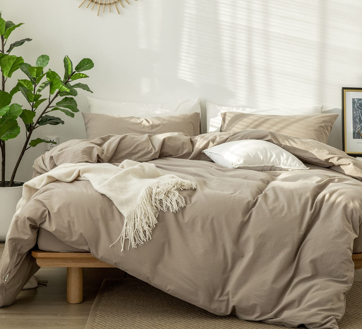 Moomee Bedding Duvet Cover Set 100% Washed Cotton Linen Like Textured Breathable Durable Soft Comfy (Mocha Brown, Full)