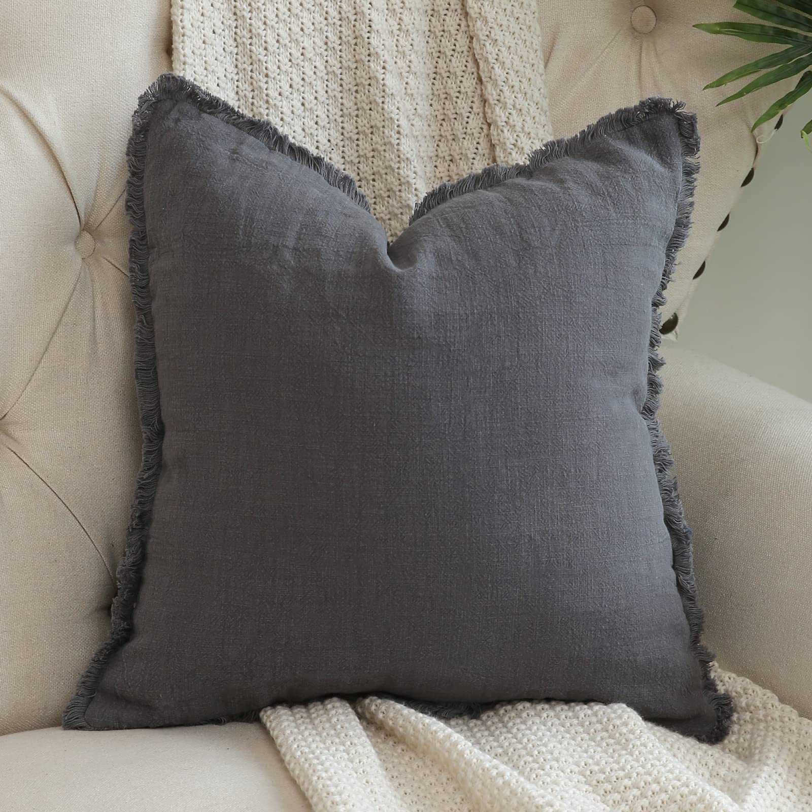 Hckot Linen Pillow Cover 18X18 Inch Gray Throw Pillow Cover With Tassel Fringed Decorative Rustic Throw Pillows For Couch Sofa B