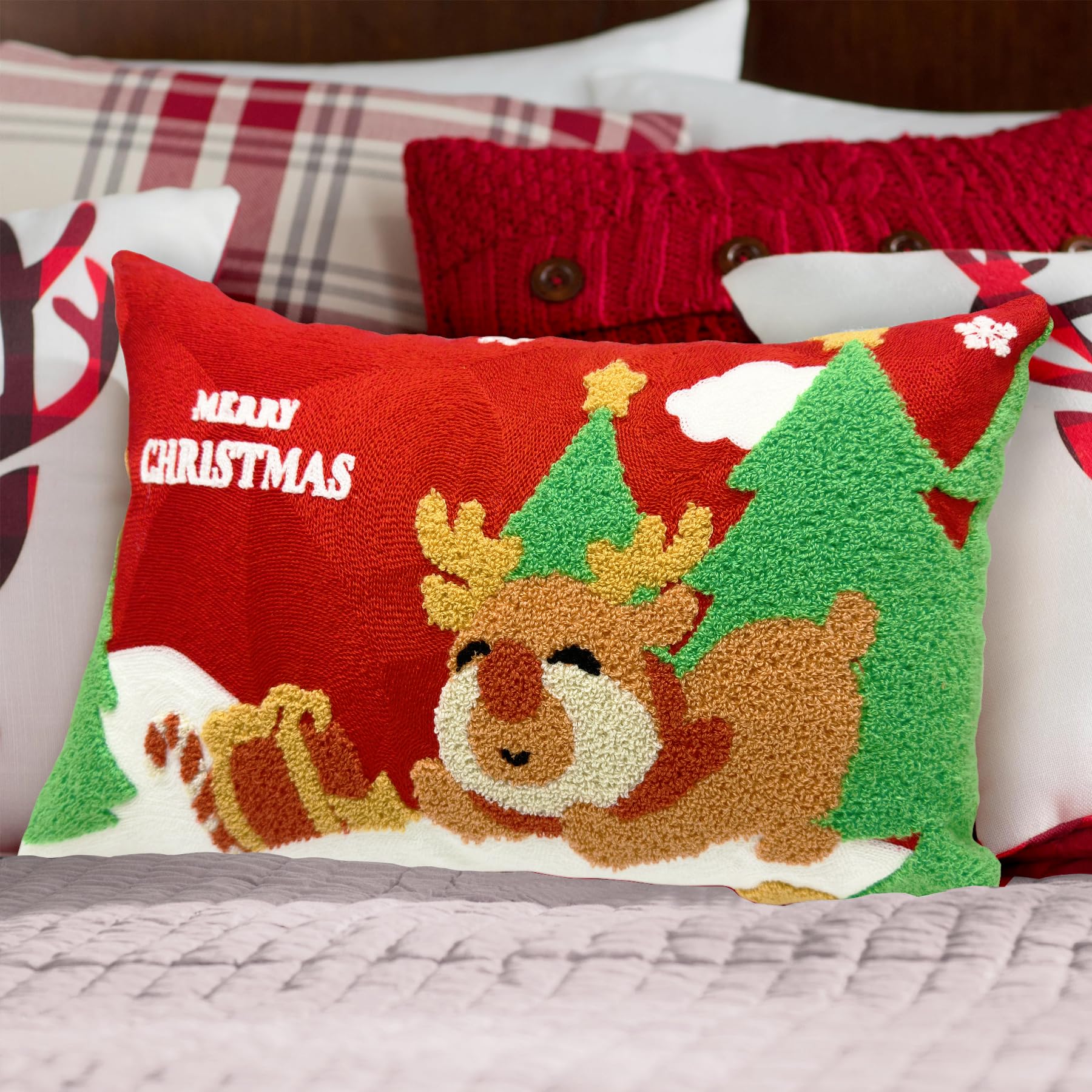 Alysheer Merry Christmas Deer Embroidered Lumbar Decorative Throw Pillow Cover 12X20, Soft Warm Cozy Cotton Embroidery Cushion C