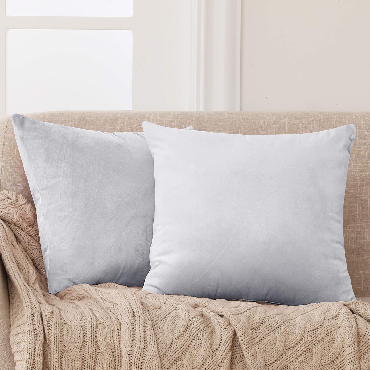 Deconovo Decorative Velvet Throw Pillow Covers With Invisible Zipper - 26X26 In, Set Of 2, Light Grey
