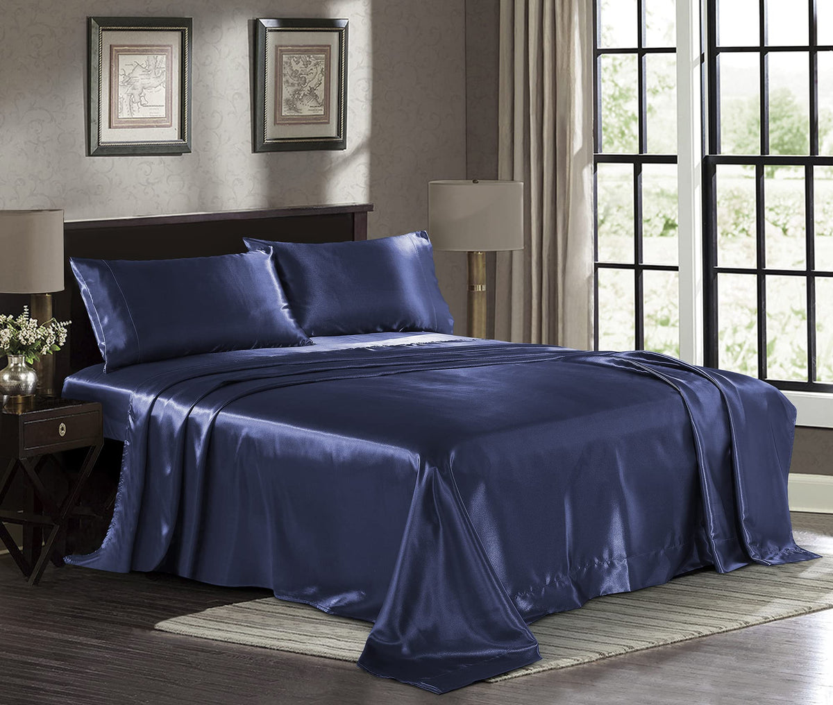 Satin Sheets California King [4-Piece, Midnight Blue] Hotel Luxury Silky Bed Sheets - Soft Microfiber Sheet Set, Wrinkle, Fade,