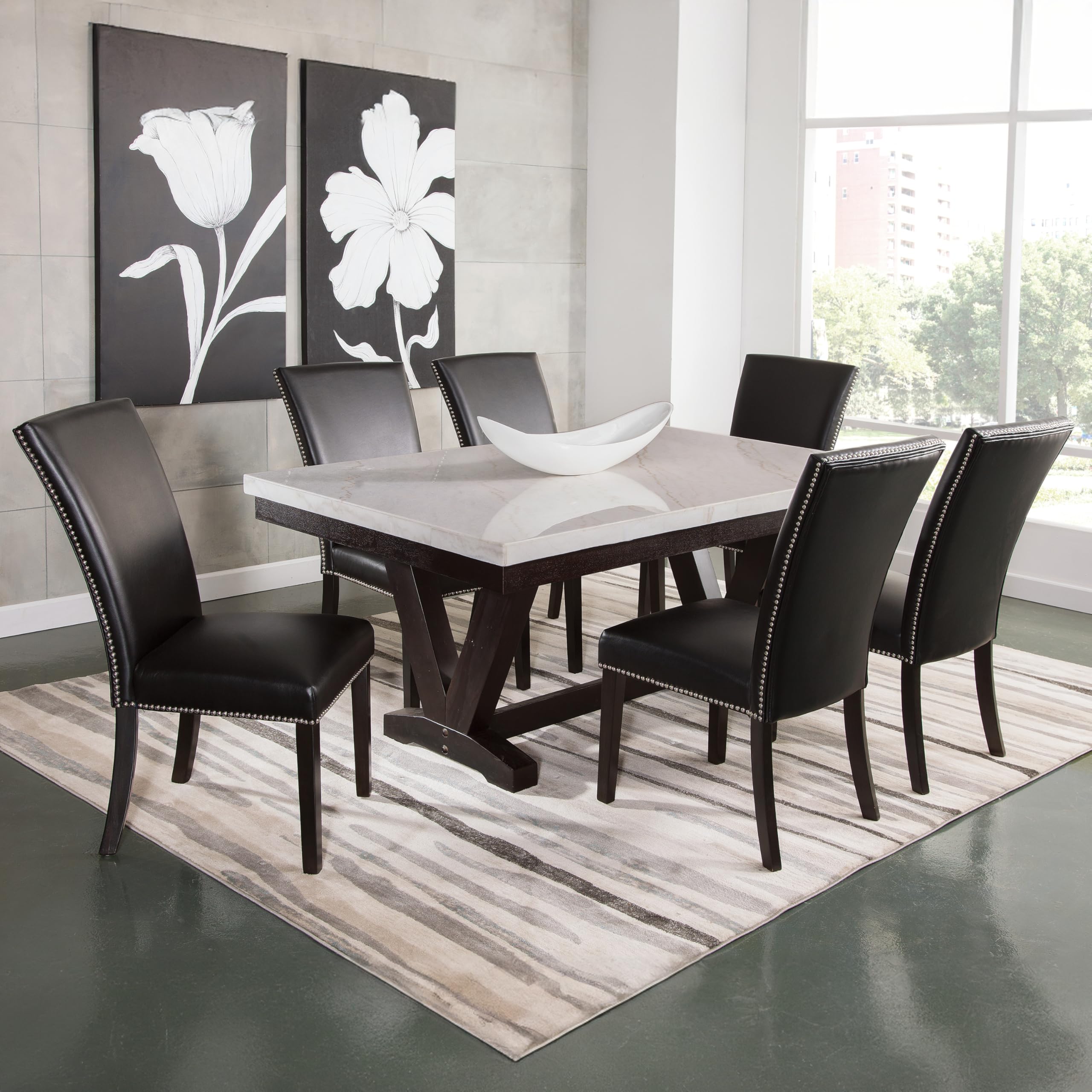 Steve Silver Furniture Finley White Marble Top Dining Table, 72-Inch Wide Table, Dining Room, Seats up to 6, &quot;V Shaped Pedestal Base, (Table Only), 42&quot; D x 72&quot; W x 30&quot; H, White