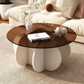 Round Coffee Table, Modern Glass Coffee Table for Living Room, Unique White Center Table with Tempered Glass Top & Solid Wood Le