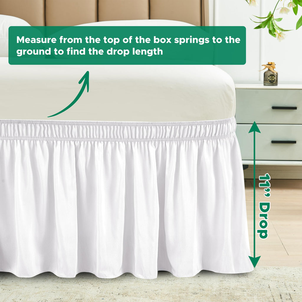 Biscaynebay Wrap Around Bed Skirts For Full & Full Xl Beds 11' Short Drop, White Adjustable Elastic Dust Ruffles Easy Fit Wrinkle Resistant Silky Luxurious Fabric Machine Washable