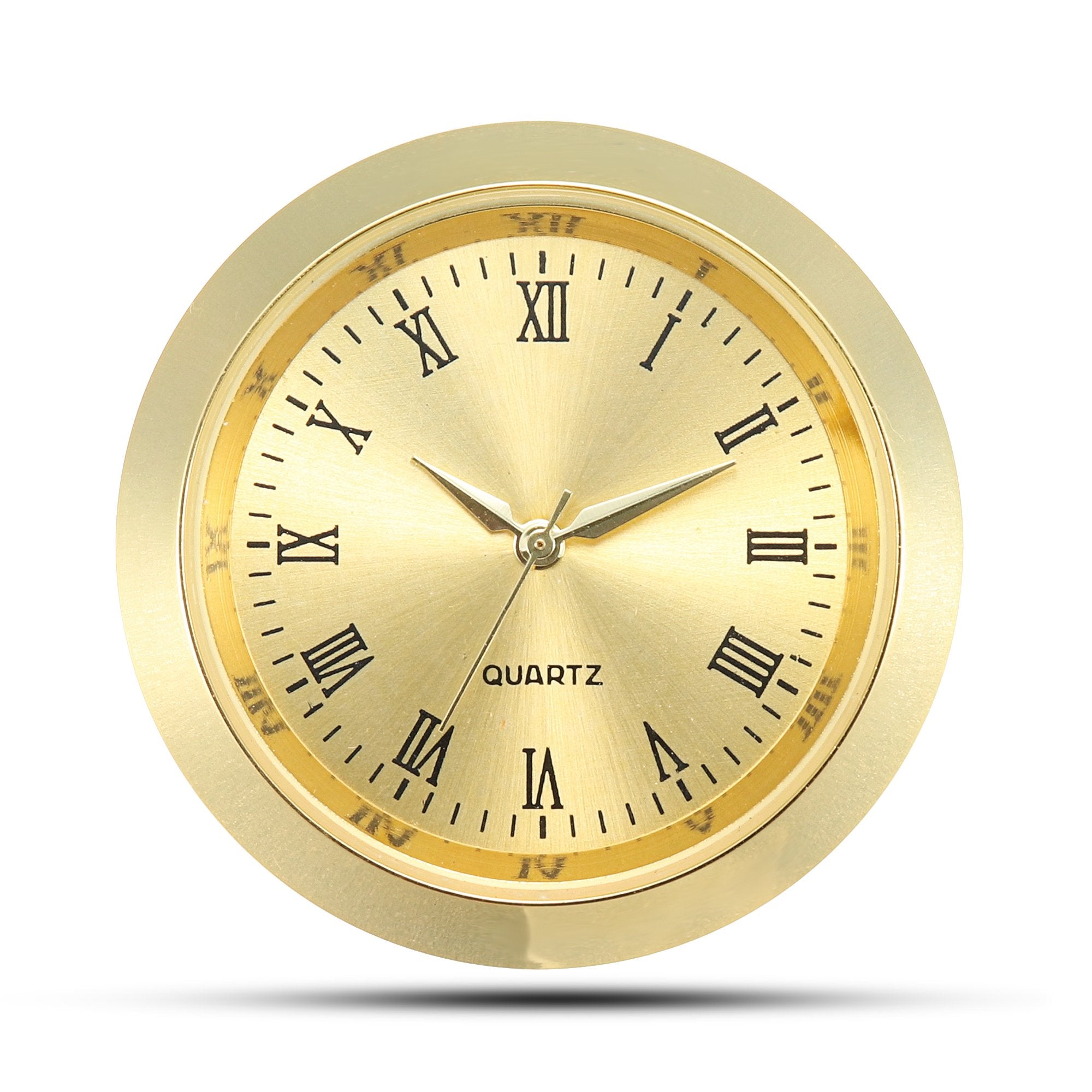 ShoppeWatch Mini Clock Insert Quartz Movement Round 1 7/16'' (35mm) Miniature Clock Fit Up Gold Tone Dial and Bezel Roman Numera