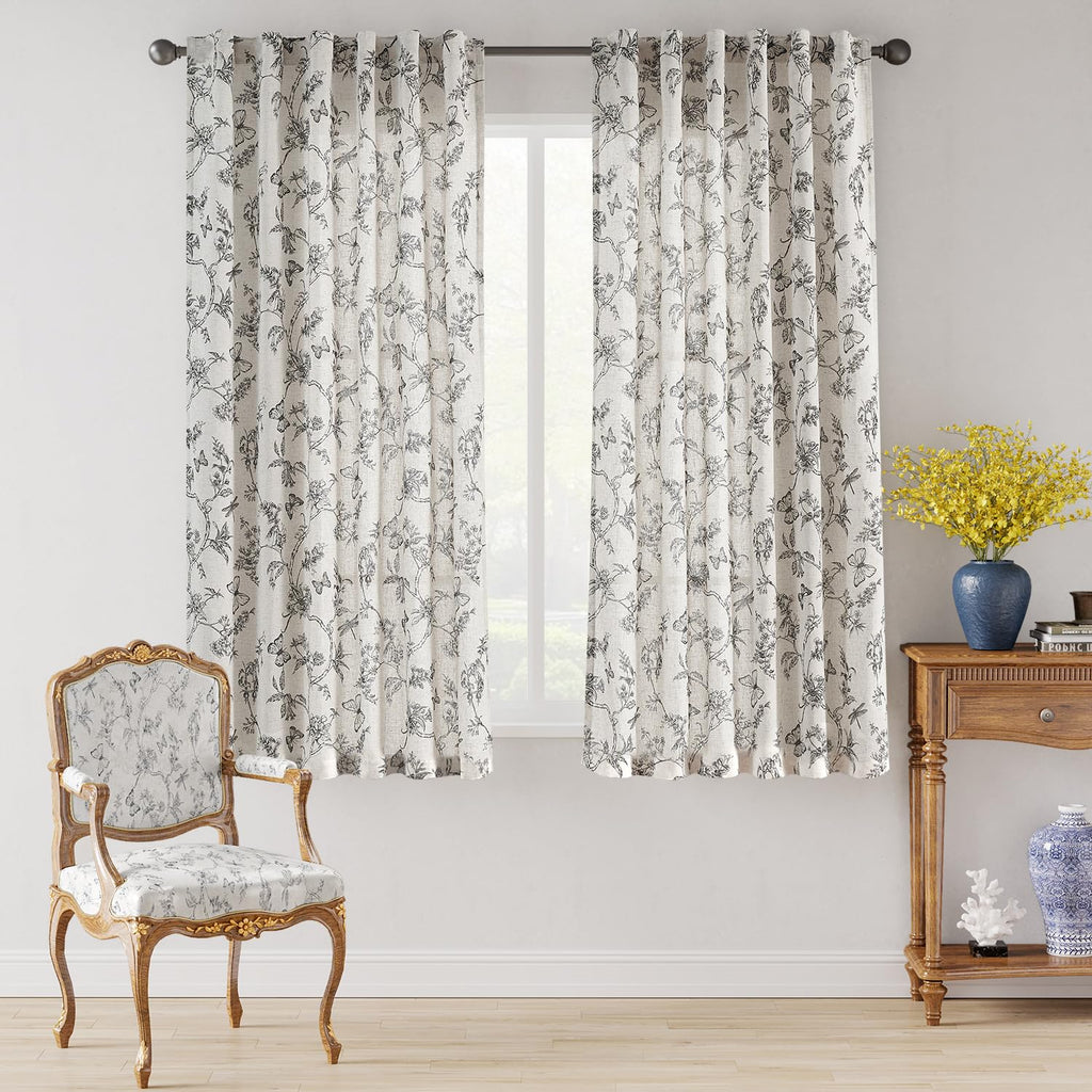 Lazzzy Linen Farmhouse Curtains Black Floral Curtains 63 Inch Length Back Tab Drapes For Living Room Bedroom Light Filtering Cou
