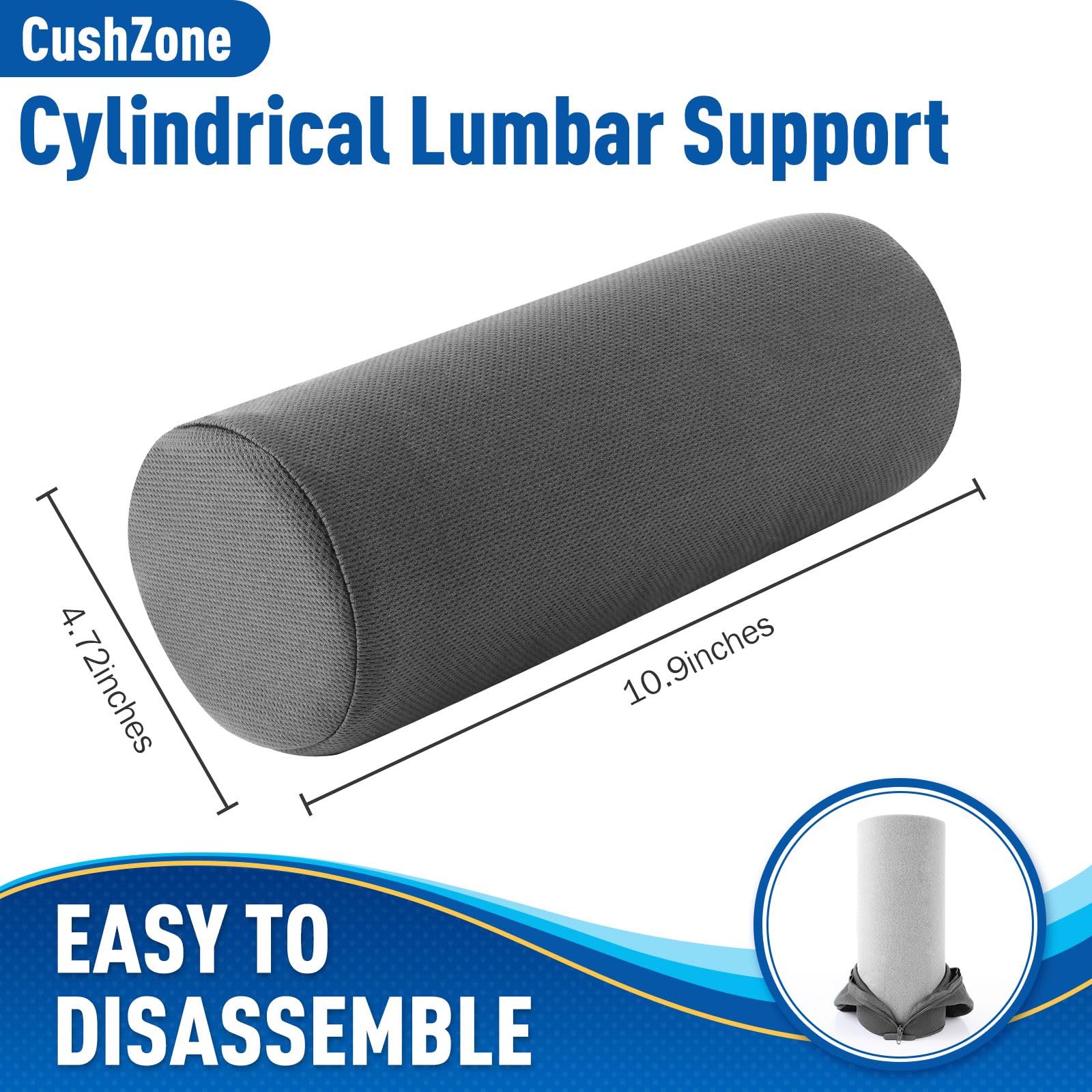 Cushzone Lumbar Roll Support Pillow For Office Chair, Car, Gaming Chair, Memory Foam Back Cushion With Washable Cover For Relieving Back Pain & Improving Posture,Grey