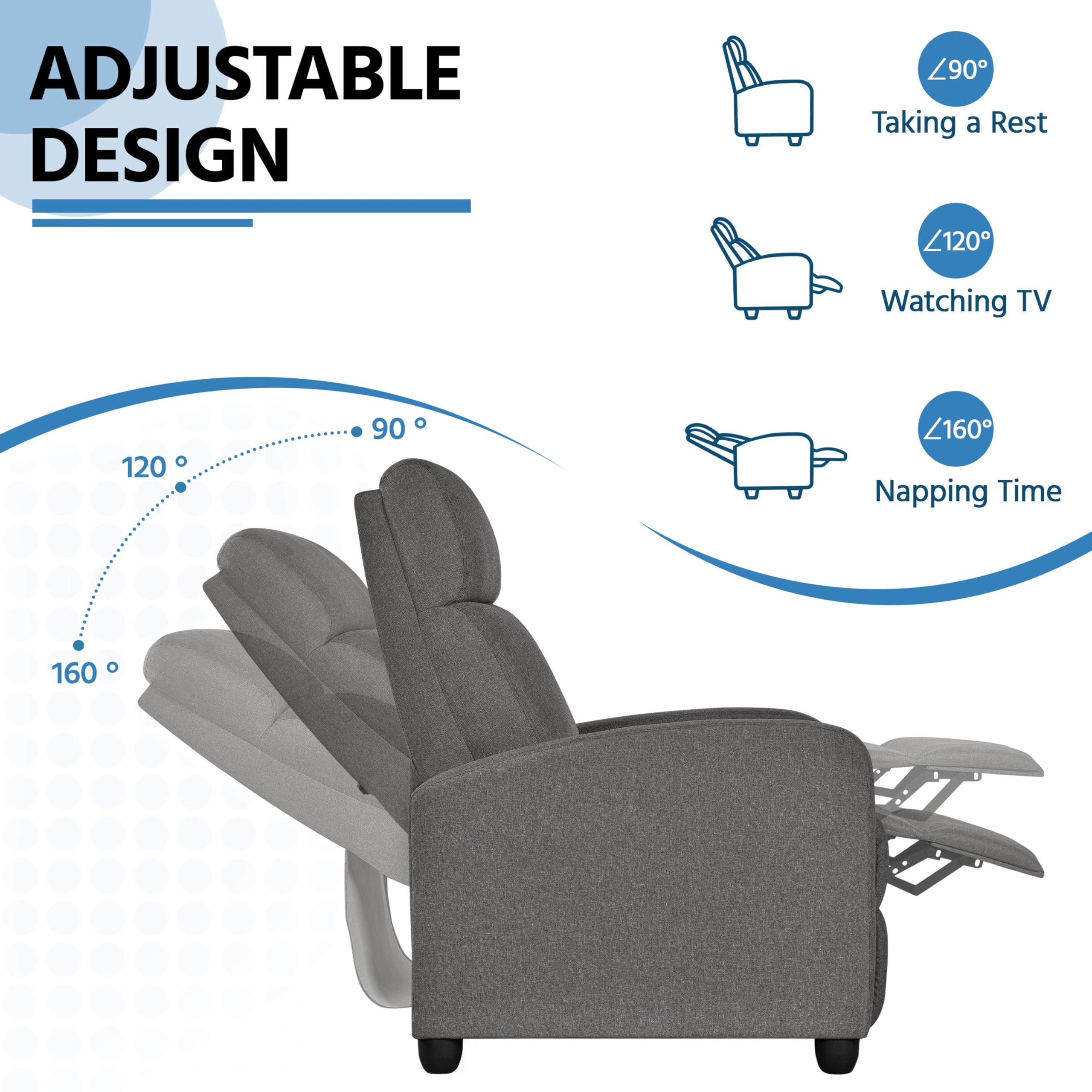 Yaheetech Fabric Recliner Chair Sofa Ergonomic Adjustable Single Sofa With Thicker Seat Cushion Modern Home Theater Seating For Living Room Matte Grey