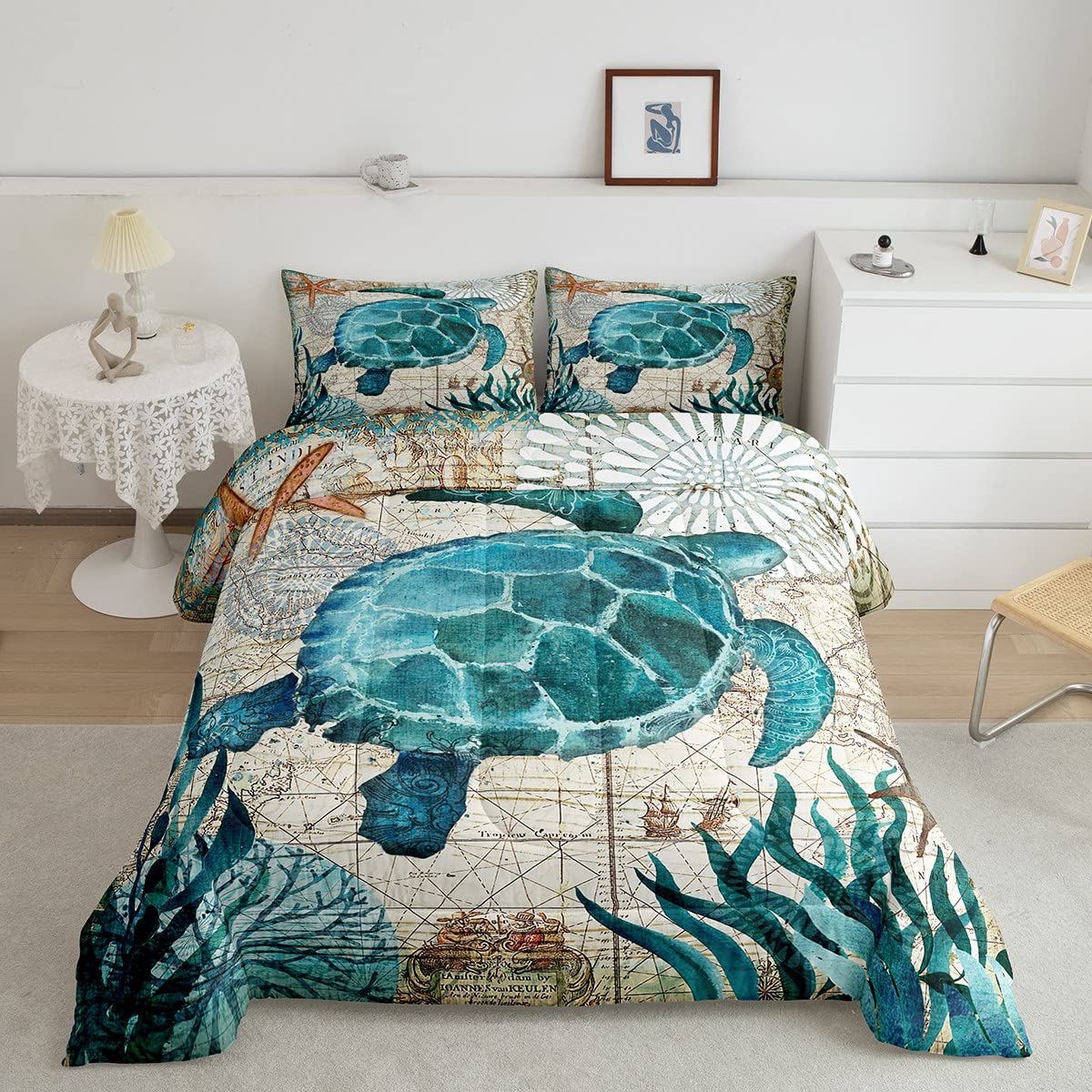 Erosebridal Turtle Bedding Teal Turtle Comforter Set Turquoise Ocean Themed Mediterranean Style Printed Design Ocean Turtle Down