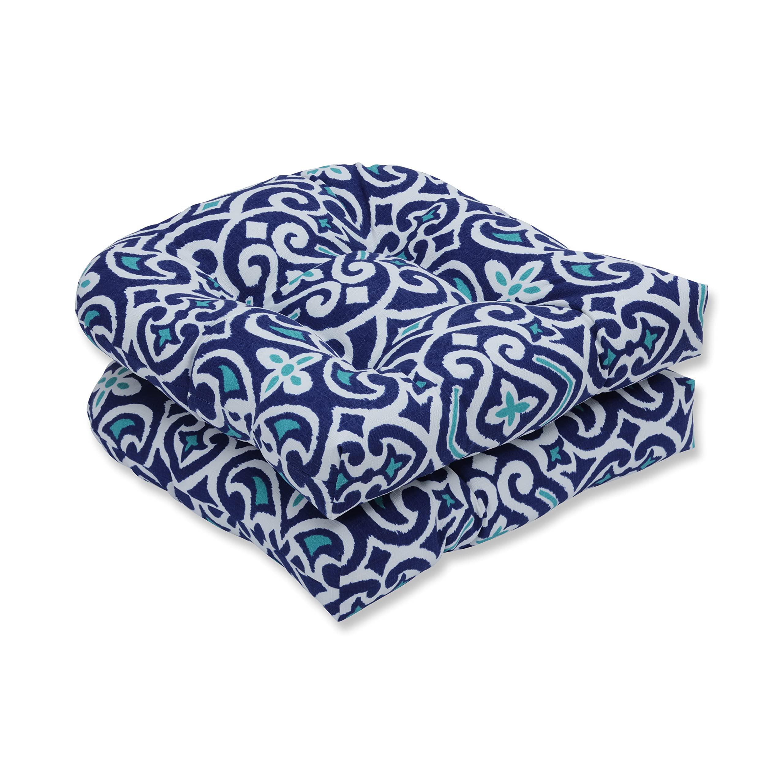 Pillow Perfect Damask Indoor/Outdoor Chair Seat Cushion, Tufted, Weather, And Fade Resistant, 19' X 19', Blue/White New Damask