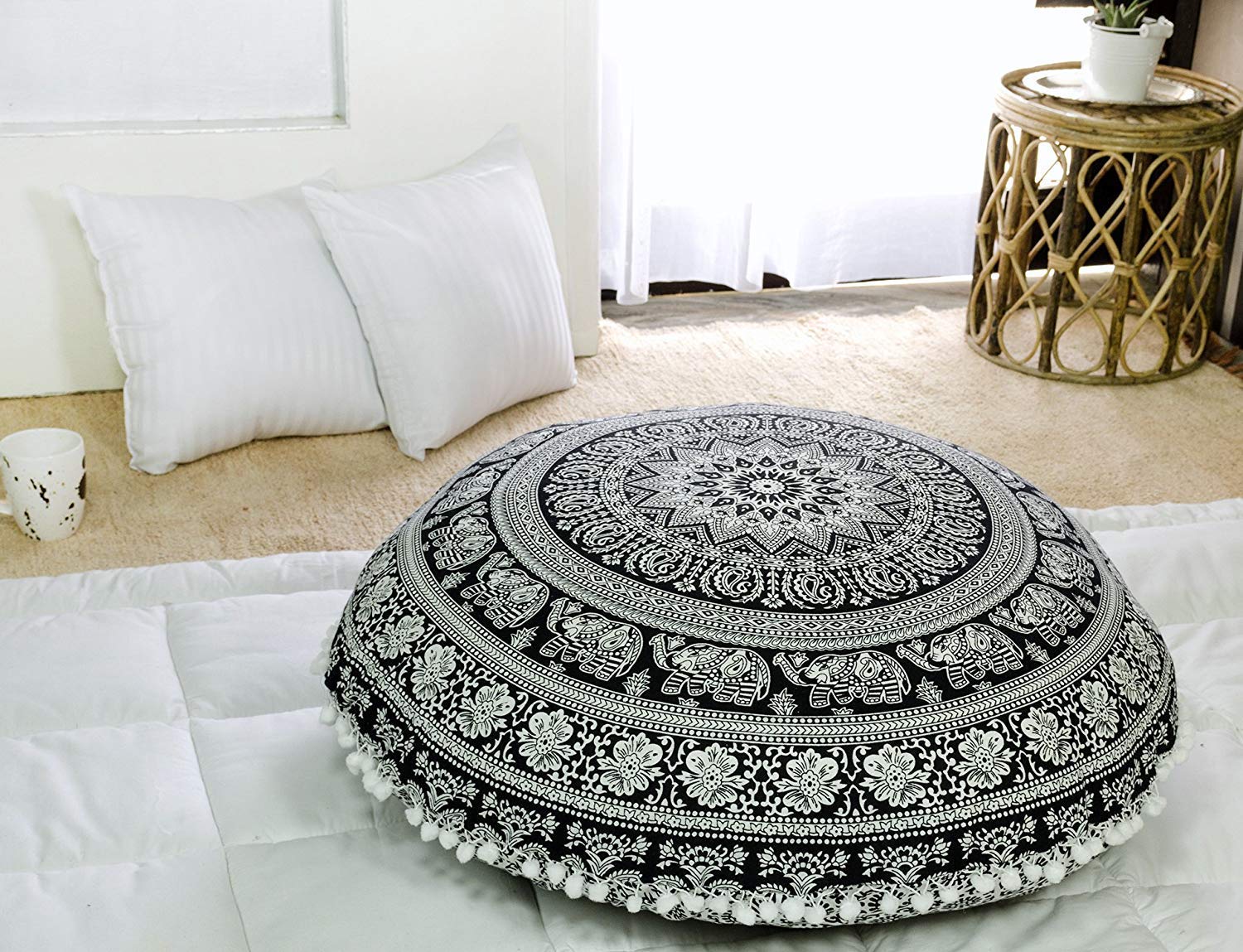 Popular Handicrafts Large Hippie Elephant Mandala Floor Pillow Cover - Cushion Cover - Pouf Cover Round Bohemian Yoga Decor Floo